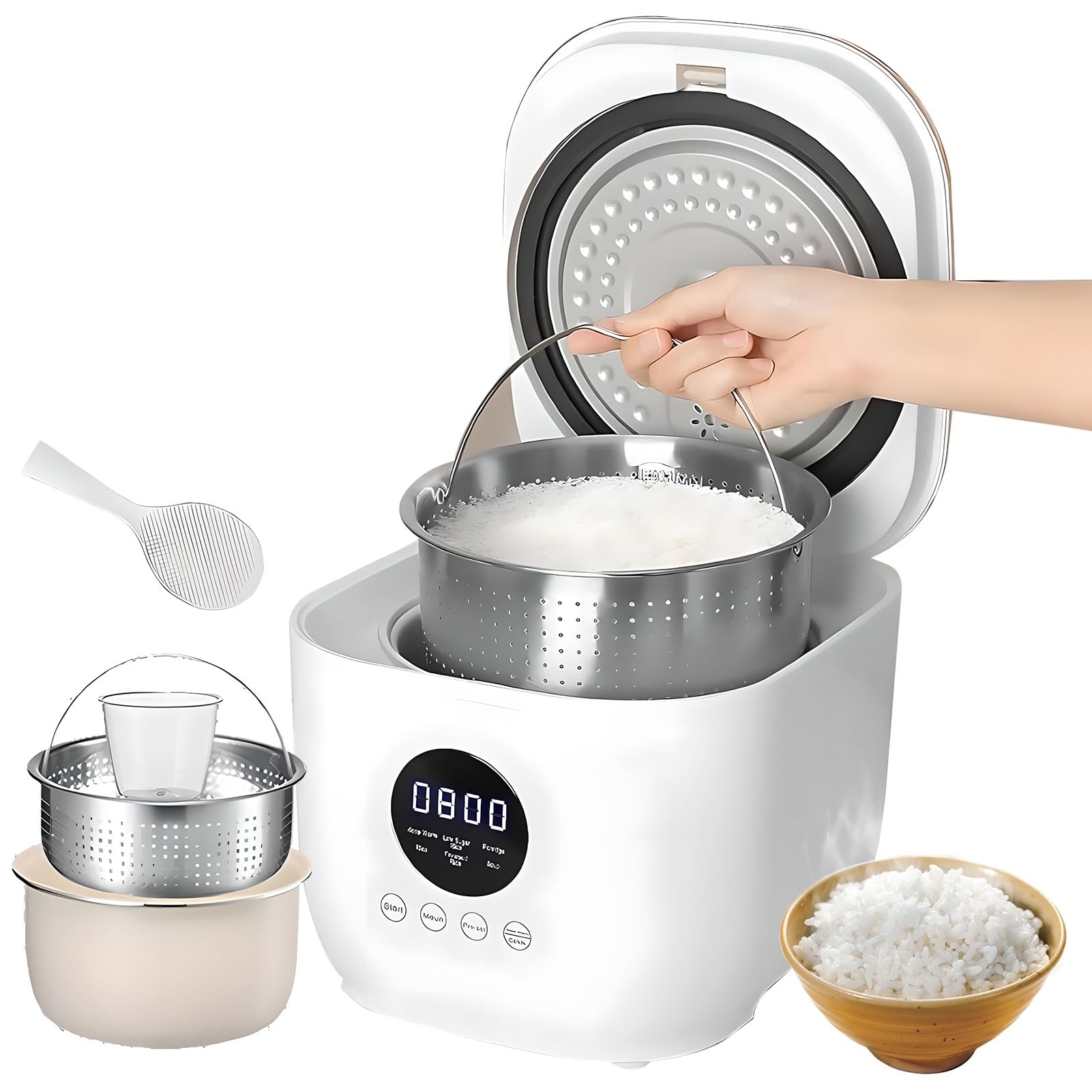 Cuiseur à riz portable 3 L à faible teneur en sucre, 5 fonctions de cuisson, maintien au chaud 8 h, départ différé 24 h, intérieur en céramique antiadhésive et panier vapeur en acier inoxydable