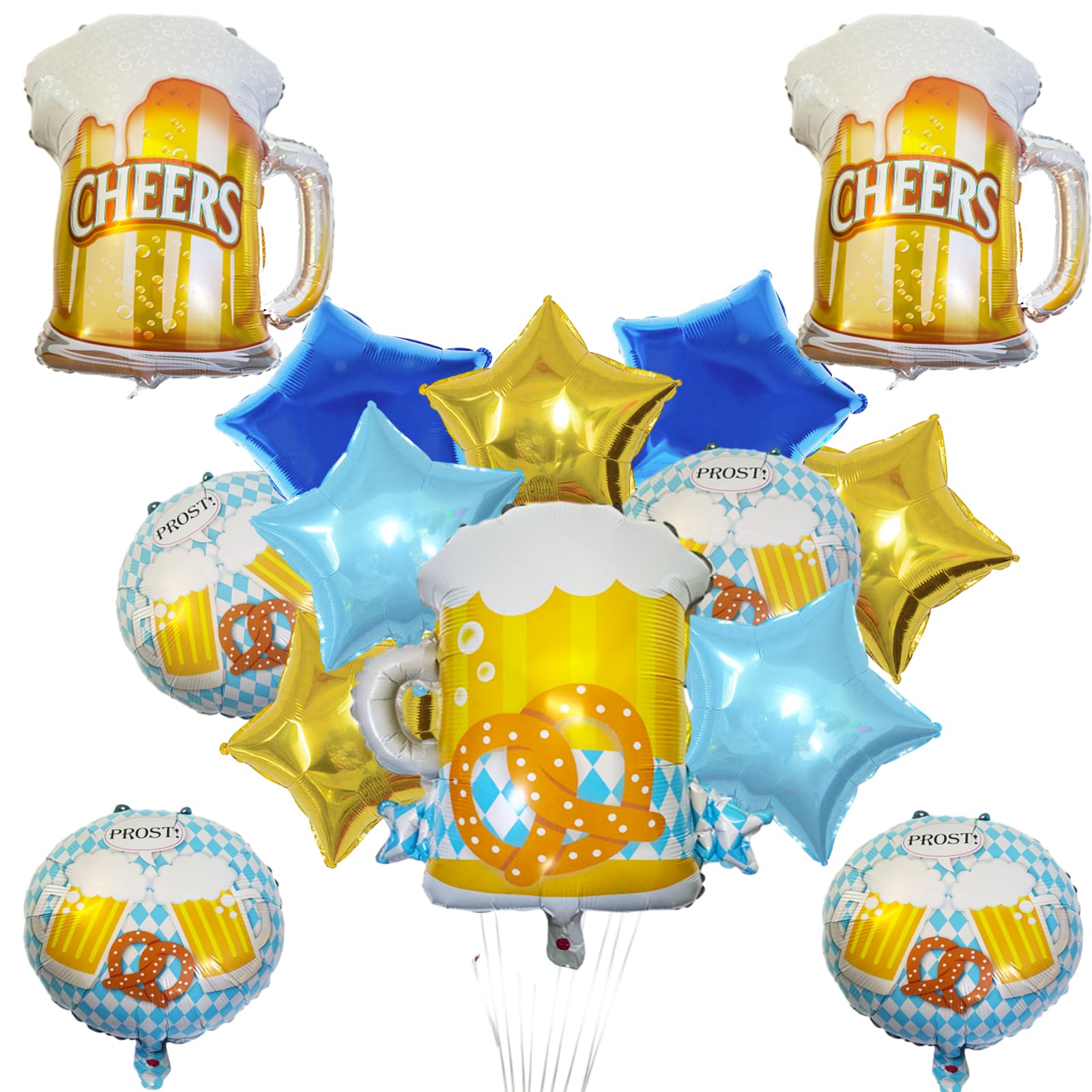 GOGOLAN 14 Pcs Oktoberfest Balloons Set, Bread Star Beer Large Size Foil Balloons for German Beer Festival Supplies Party Decorations Oktoberfest Decor, Blue White Plaids Theme Decor