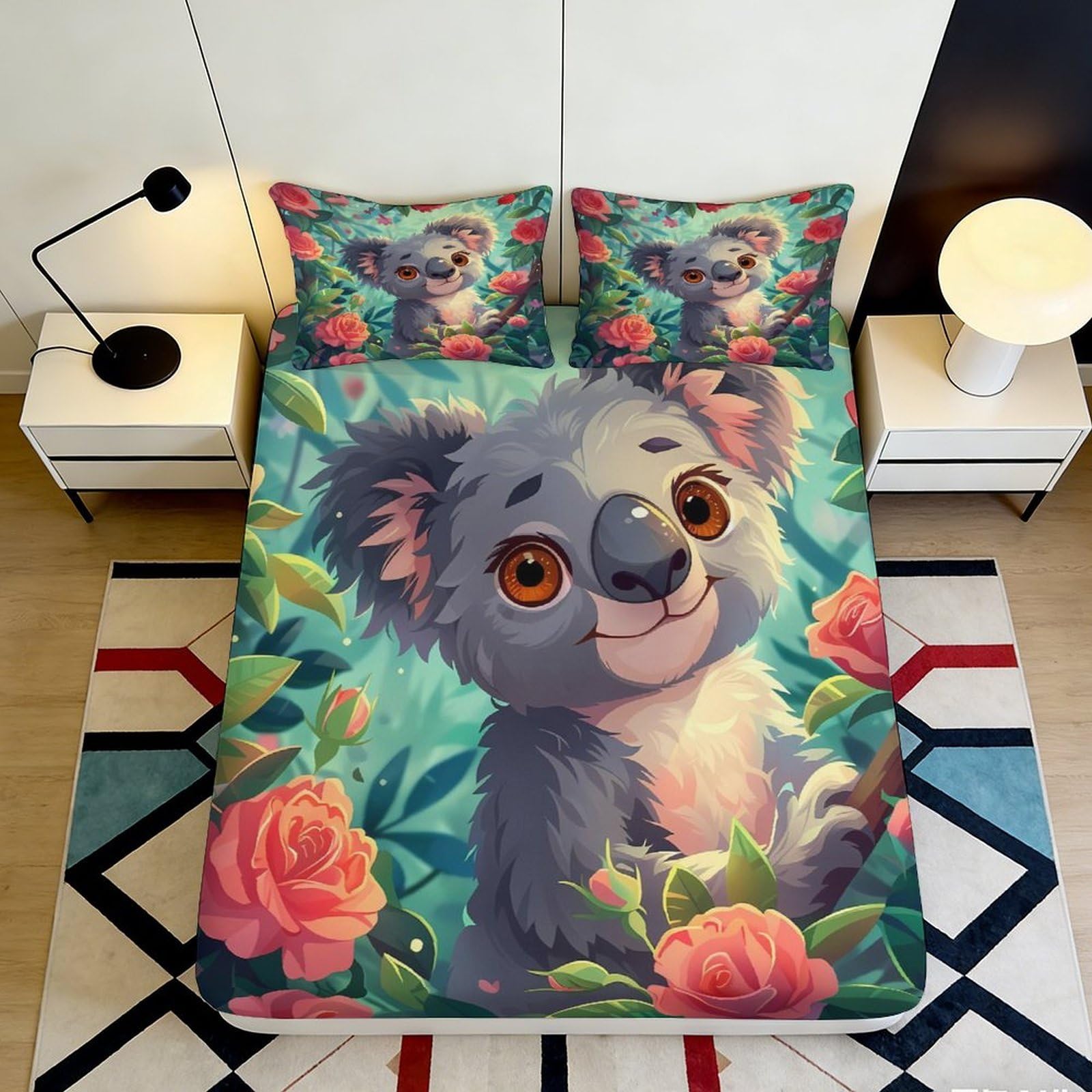 Dhbaneiok Style-4 3D Printed Cute Koala Fitted Sheet Microfiber Soft Floral Cartoon Mattress Cover For Bedroom Dorm Guest Room Decor 90X200x25cm