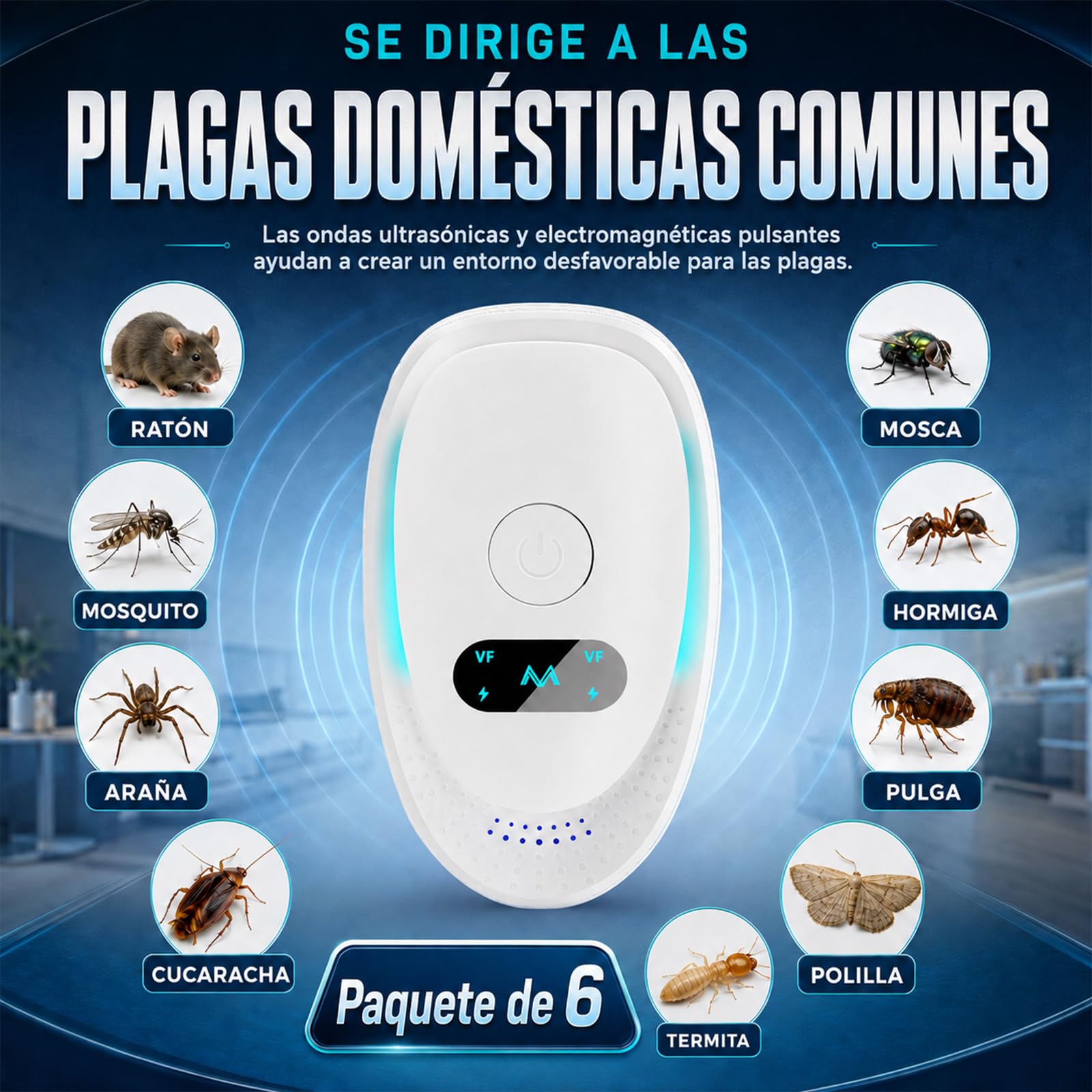 Ultrasónico Repelente de Insectos y Roedores, Dispositivo Eléctrico Antiparasitario para Hogar, Elimina Mosquitos, Cucarachas, Hormigas, Arañas, Moscas y Ratones, Uso Interior (6 Unidades)