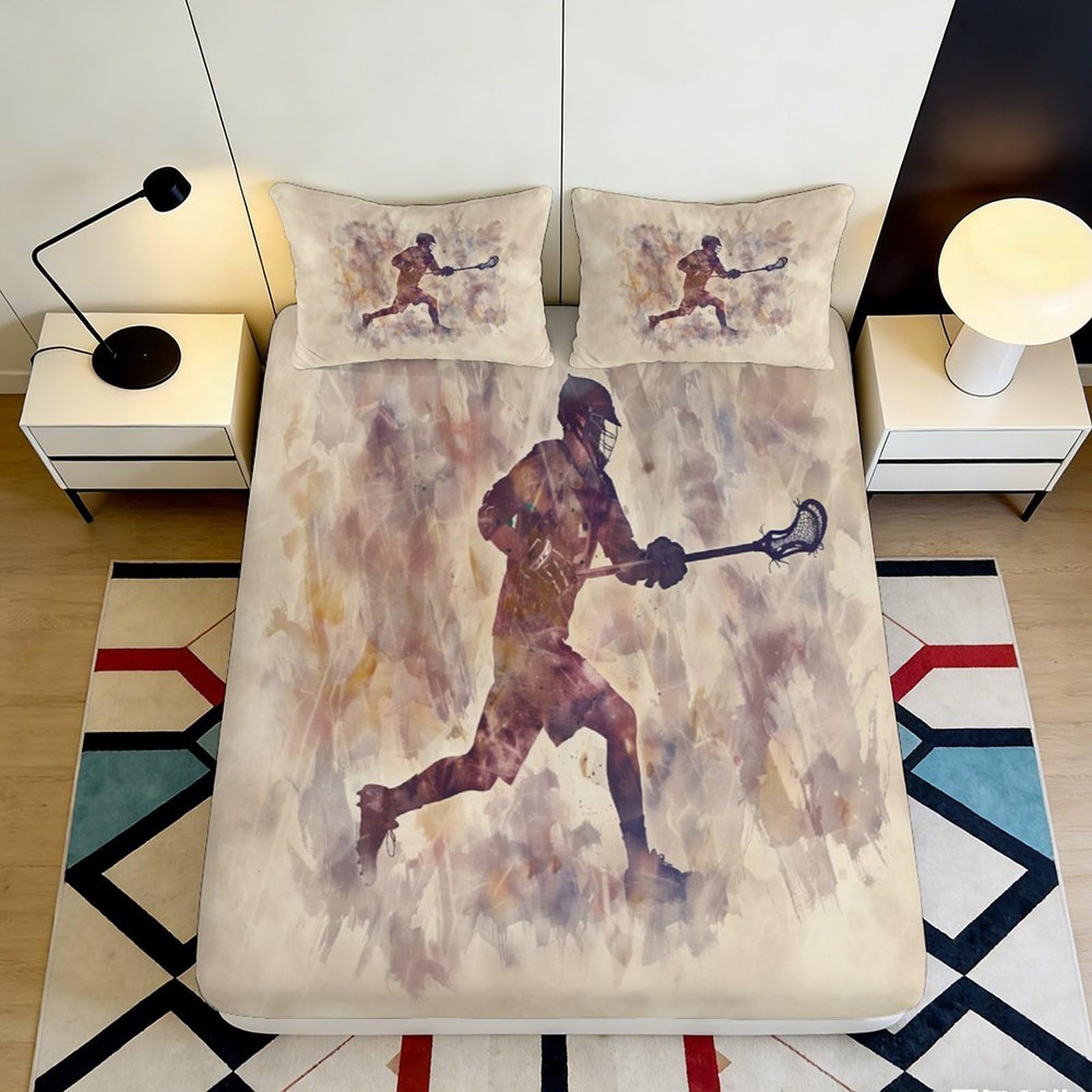 3D Printed Lacrosse Player Fitted Sheet Microfiber Sports Art Mattress Cover for Bedroom Guest Room Decor 90x200x25cm