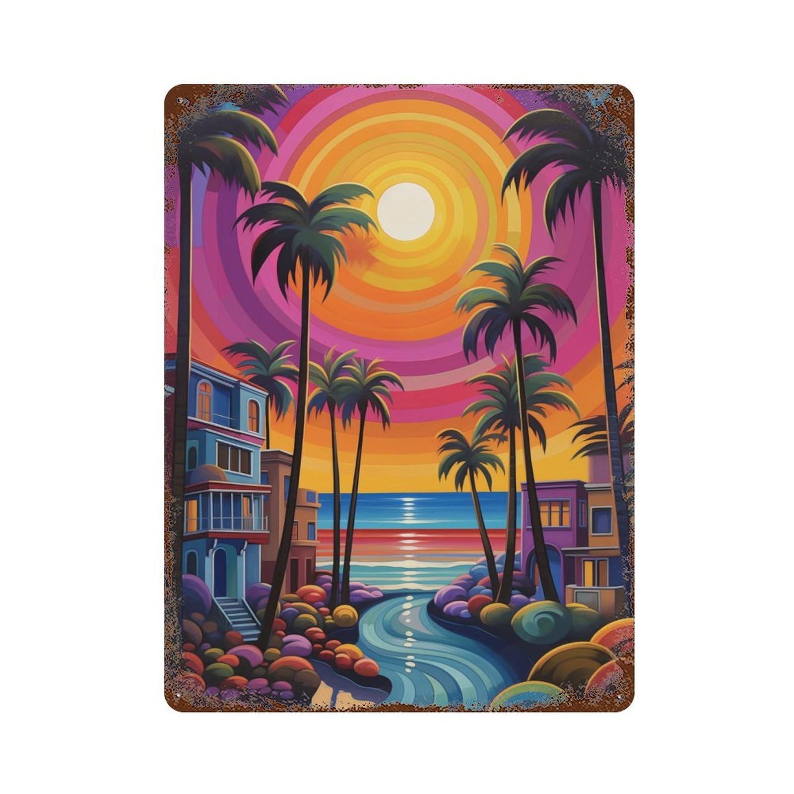 Beach Sunset Palm Trees -3 15.7"x11.8" Aged Metal Wall Plaque, Classic Wall Plaque for Pub, Kitchen And Man Cave Decor