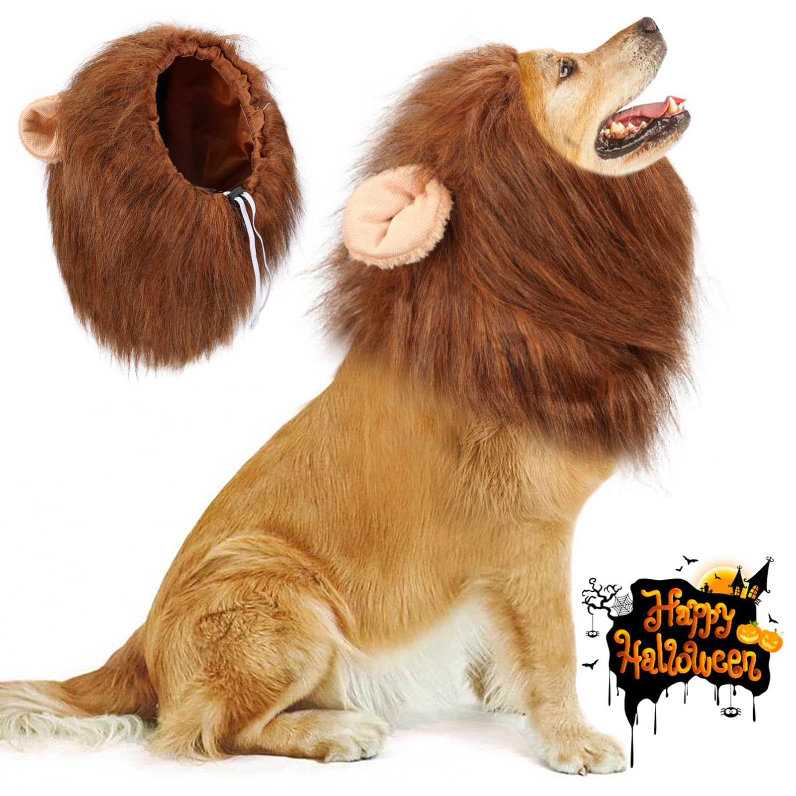 Vivifying, costume da leone con criniera per cani, regolabile, con orecchie, per Halloween, per cani di taglia media e grande (marrone scuro)