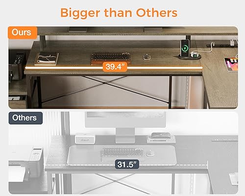 Miniatura 6 de ODK Escritorio en forma de L con cajón de archivos, escritorio reversible en forma de L de 66 pulgadas con toma de corriente y tira LED, escritorio