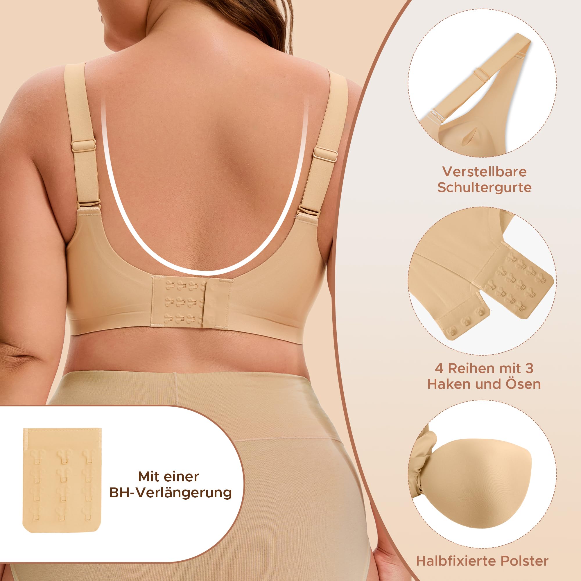 INNERSY Biustonosz damski bez fiszbin, duże rozmiary, dekolt w serek, bezszwowy biustonosz z przedłużeniem biustonosza (XL-4XL)