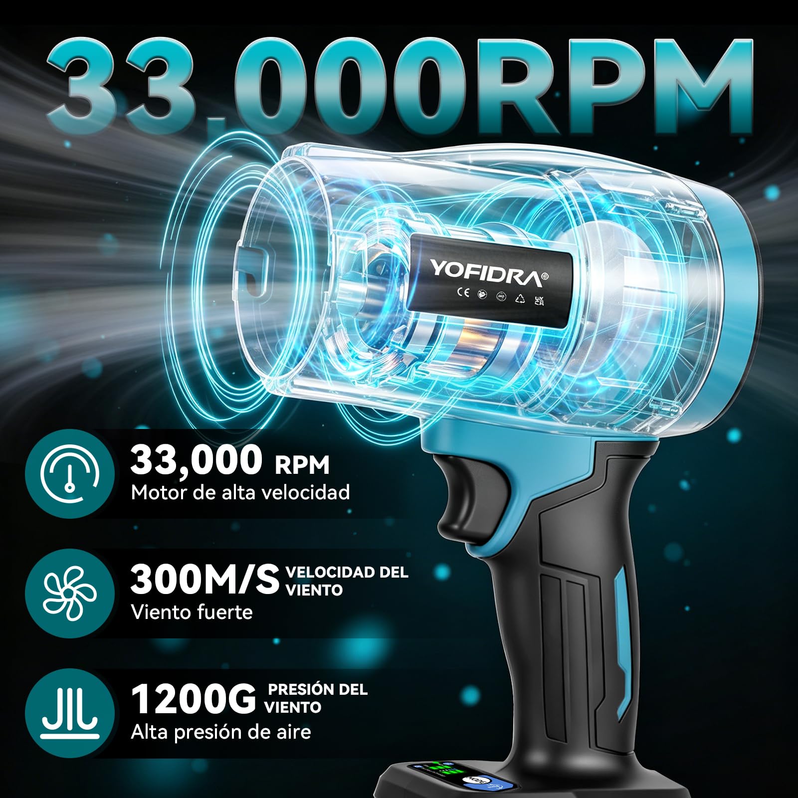Yofidra Soplador de Hojas Batería, 33.000 RPM, Turbo Soplador de Aire Potente con 2 Baterías, 300m/s, 3 Velocidades, 4 Boquillas, para Limpiar Hojas, Nieve y Polvo