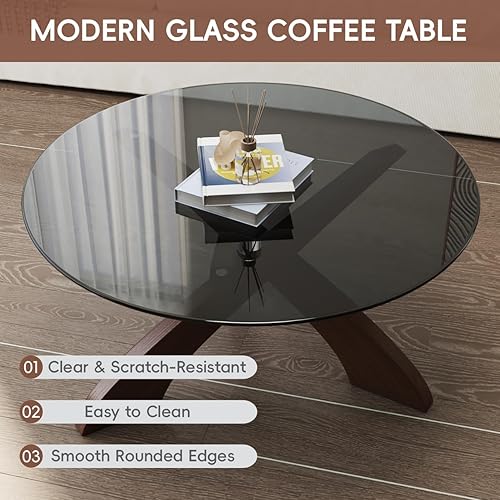 Miniatura 3 de Honyee Mesa auxiliar de cristal, mesa de centro redonda de 30.7 pulgadas con parte superior de vidrio templado, base de madera de nogal en forma de