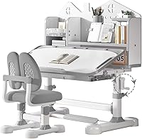 OYOWINGO Kids Desk & Chair Set: Height Adjustable, 50° Tilt, Storage Drawer & Reading Rack for Ages 3-12 (Grey)