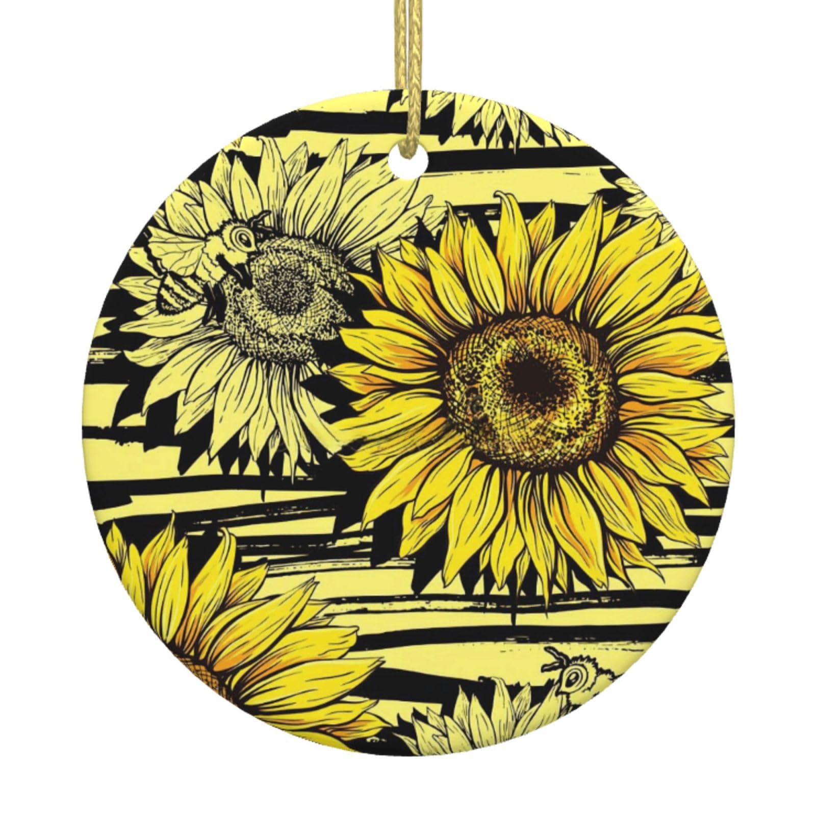 Bees Sunflowe Print Christmas Ornaments, Ceramic Hanging Ornament, Round Shape Decorations