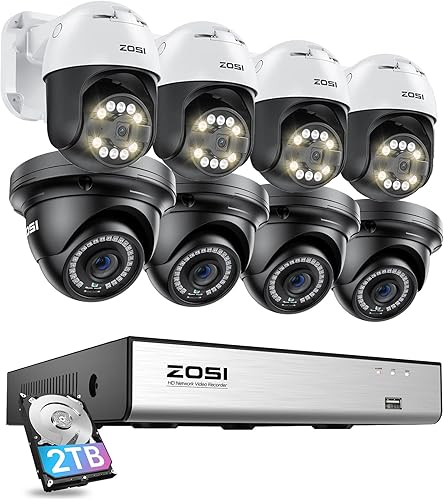 ZOSI H265+ 8MP 4K 8CH Sistema de cámara de seguridad Poe con disco duro de 2 TB, 4 cámaras PTZ C296 de 3K (5MP) para exteriores con detección de