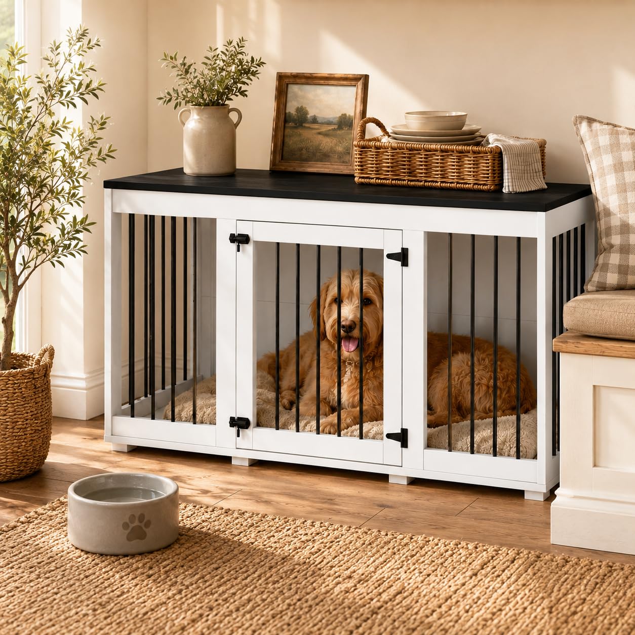 Cage pour Chien XXL 136cm pour Très Grands Chiens – Meuble Cage 2 Portes, Charge 50kg & Décor Métal Noir, 70cm de Haut – Niche Style Buffet pour Salon, 136×70×56cm, Blanc-Noir