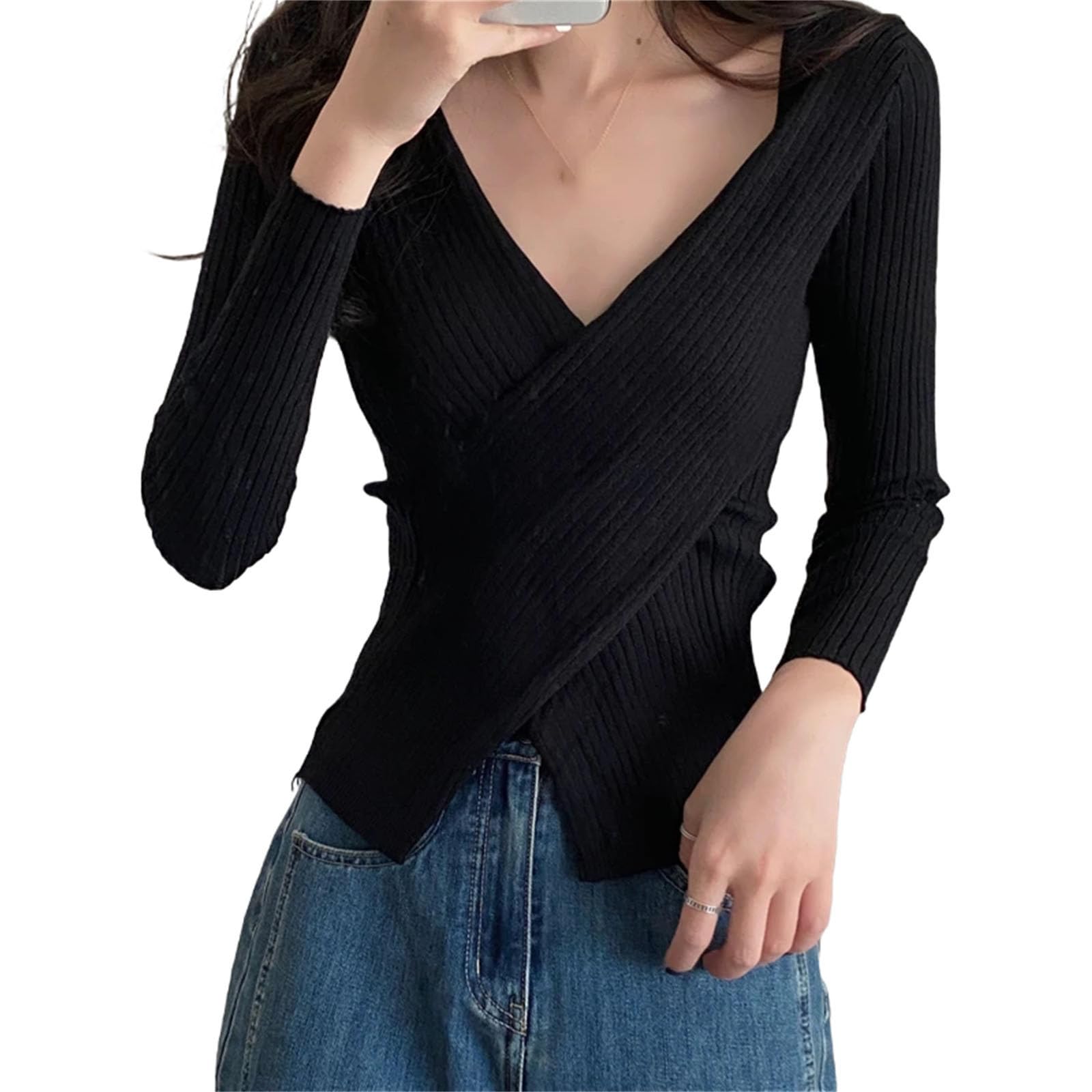 Women Rib-Knit Stretchable Sexy V Neck Asymmetrical Hem Sweater Pull Knitted Pullovers Jersey Tops