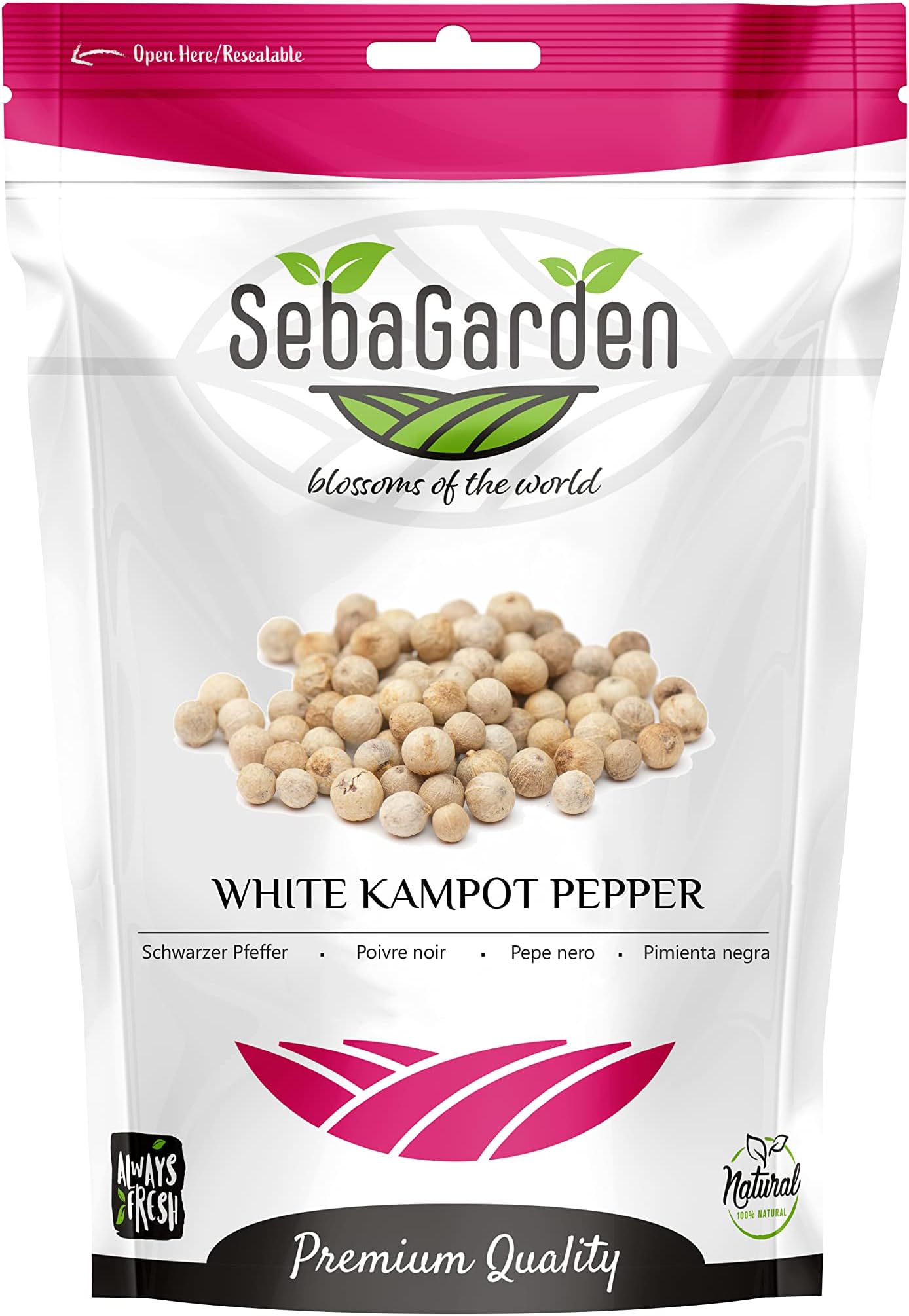 Seba Garden - PGI Premium Grade Kampot Pepper - 100g - Peppercorns - Organically Grown in Kampot/Cambodia (White Pepper)