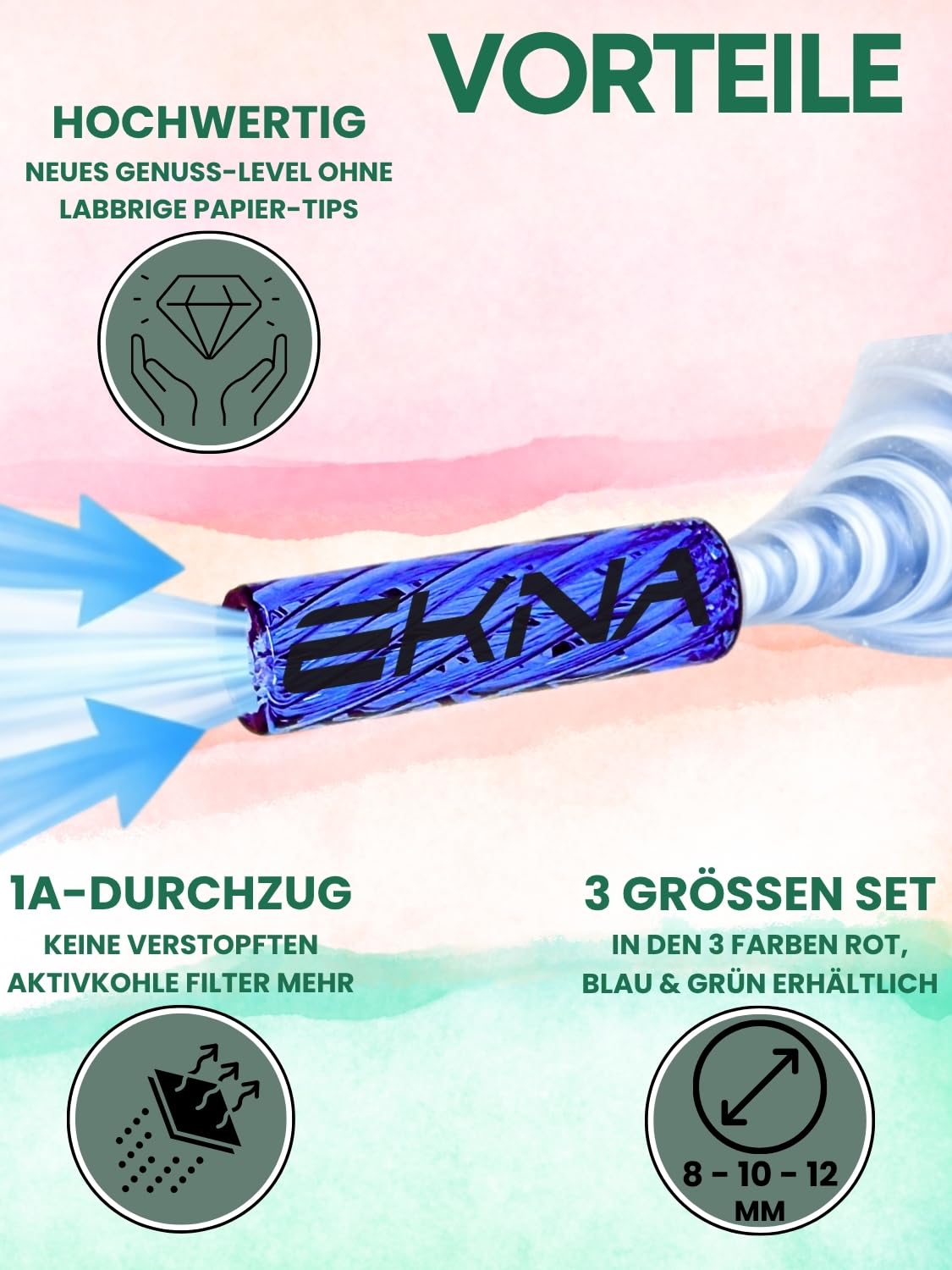 EKNA Premium spiralne końcówki szklane ustniki niebieskie – zestaw 3 filtrów szklanych Ø 8,10,12 mm – końcówki filtrujące do wielokrotnego użytku – 100% smaku, delikatny i chłodny – świadomi stylu | Odporne na pęknięcia szkło borokrzemowe