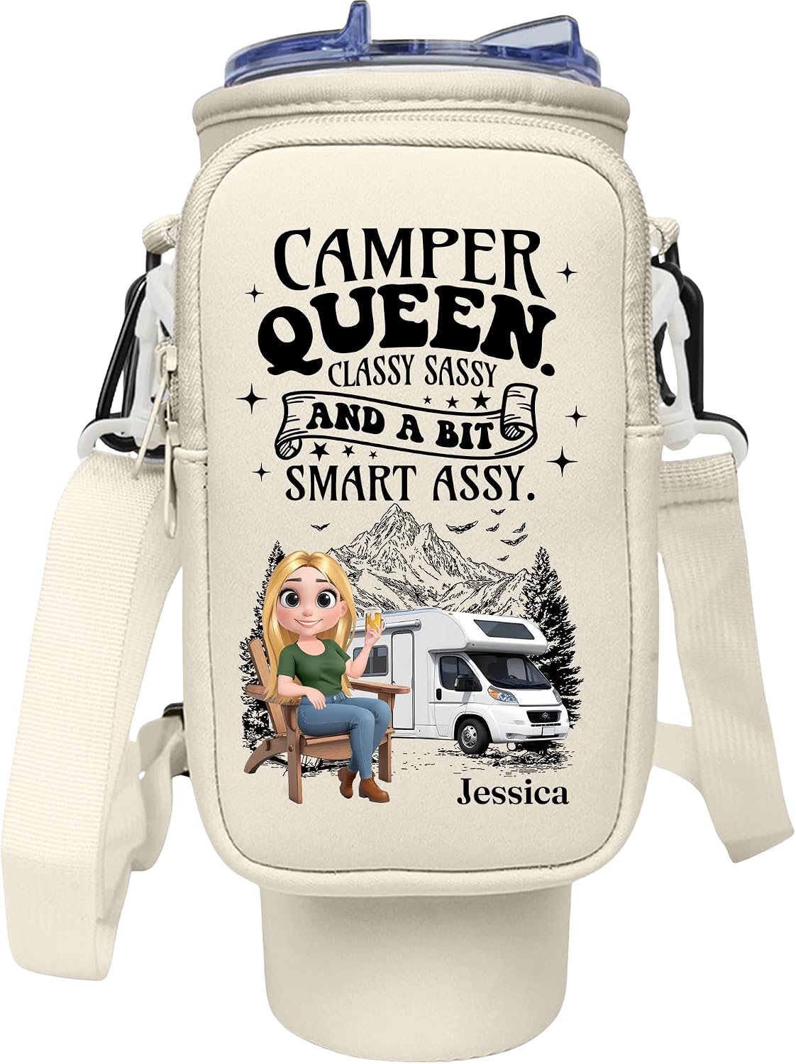Truly A Queen of Campers Personalized Water Bottle Carrier Bag