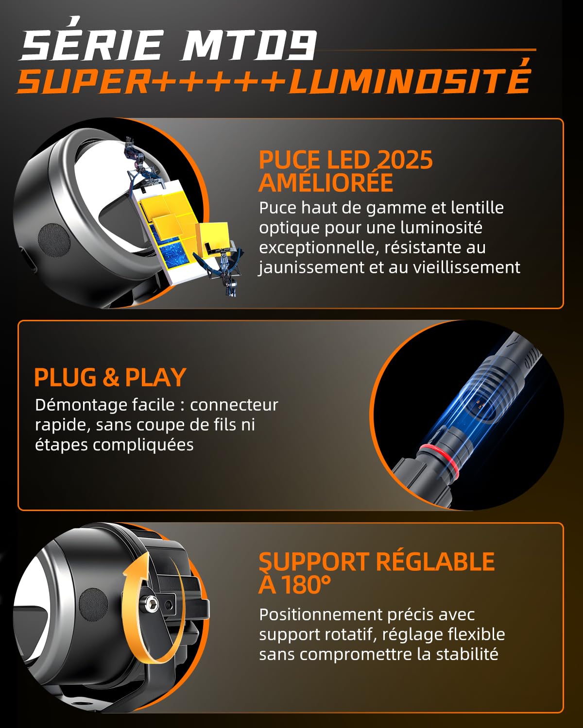 CO LIGHT Feux Additionnels Moto LED 90W 30000LM Gen 3 Faisceau Longue Portée Blanc Ambre Modes Stroboscope Sécurité Nuit Pluie Route IP68 Résistant aux Chocs Installation Facile Kit 2 Pièces