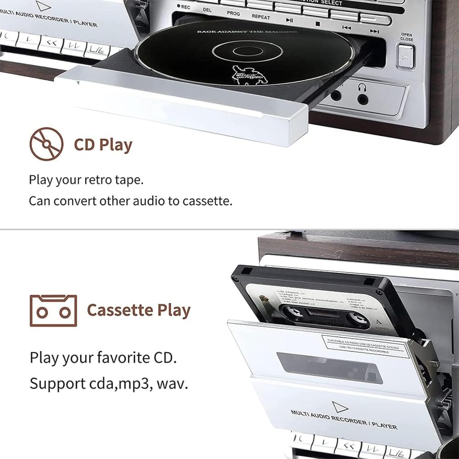 Giradischi retrò 9 in 1, giradischi in vinile con radio AM/FM, 3 velocità, altoparlanti integrati, uscita audio per camera da letto o ufficio