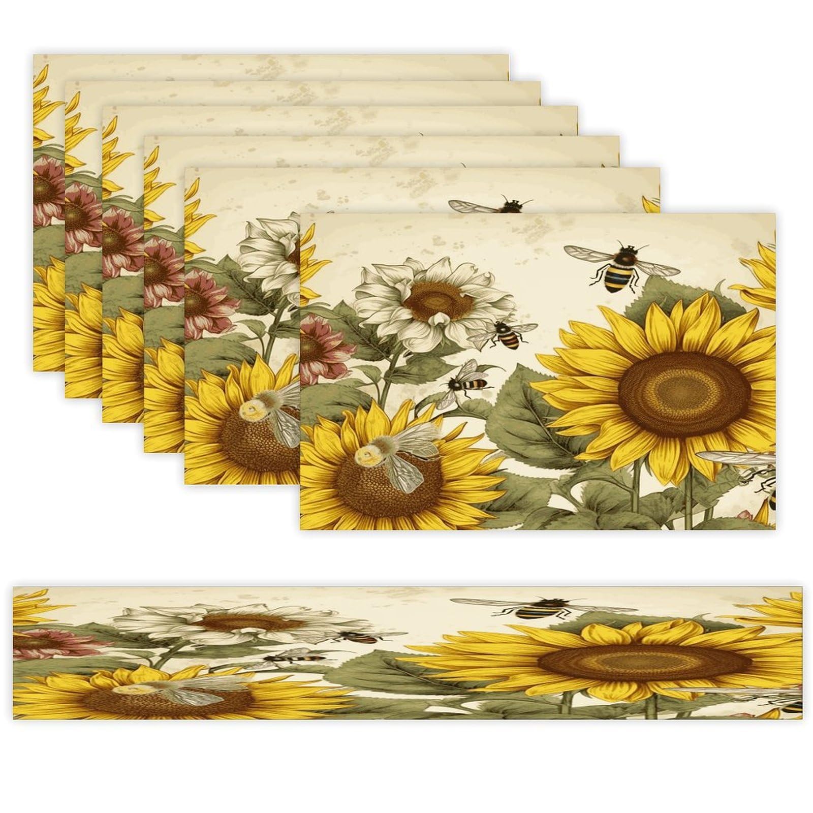 Bees Sunflowers Daisy Rose Flowers Table Runner and Placemats Set of 6 for Kitchen Washable Table Mats Heat Resistant Place Mats Non-Slip Place Mat Wipeable Placemat(6 Placemats+1 Table Runner)