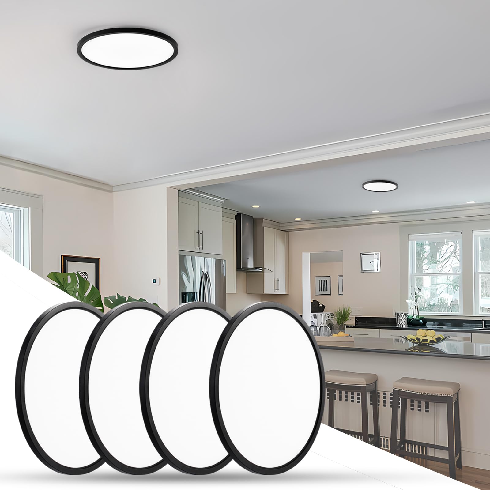 TALOYA Flush Mount Led Ceiling Light Fixture 10 Inch Low Profile for Kitchen Bedroom Bathroom Outdoor Living Room Dining Room Hallway Porch Laundry Farmhouse,20W,3200LM,5000K,Thin,Black,Round,4 Pack