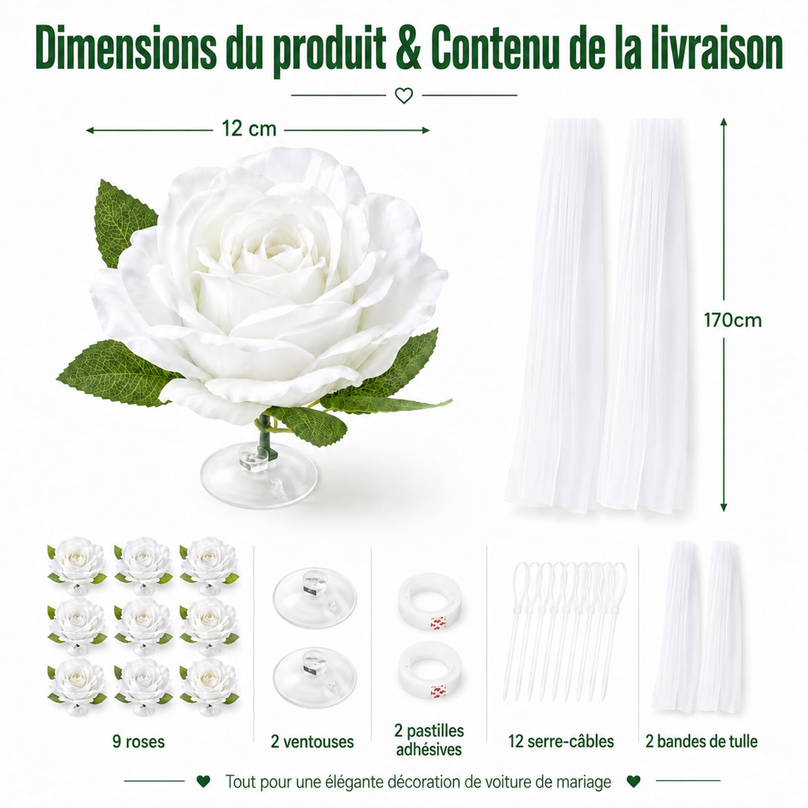 Décoration de voiture de mariage – Lot de 9 roses blanches avec ventouse, faciles à installer, réutilisables – Parfait pour mariage, demande en mariage, anniversaire de mariage