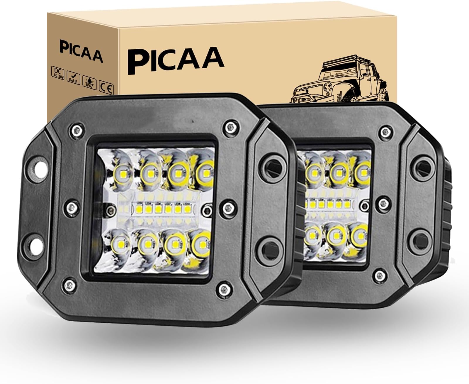 PICAA 2PCS 42W Flush Mount LED Light Pods Upgraded Spot Flood Combo Beam Driving Light LED Work Light Backup Light Reverse Light Grill Mount Light for Offroad 4x4 Truck SUV 12V 24V