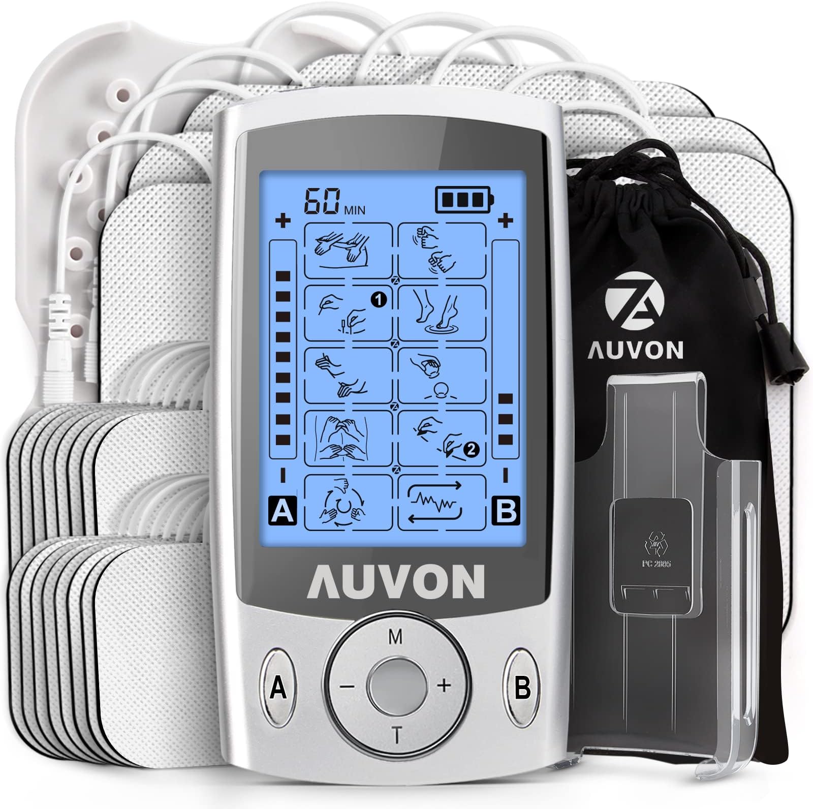 AUVON Dual Channel TENS Unit Muscle Stimulator (Family Pack), 20 Modes Rechargeable TENS Machine with Huge Pack of 24 Pcs Reusable TENS Unit Electrode Pads (2"x2" 16pcs, 2"x4" 8pcs)