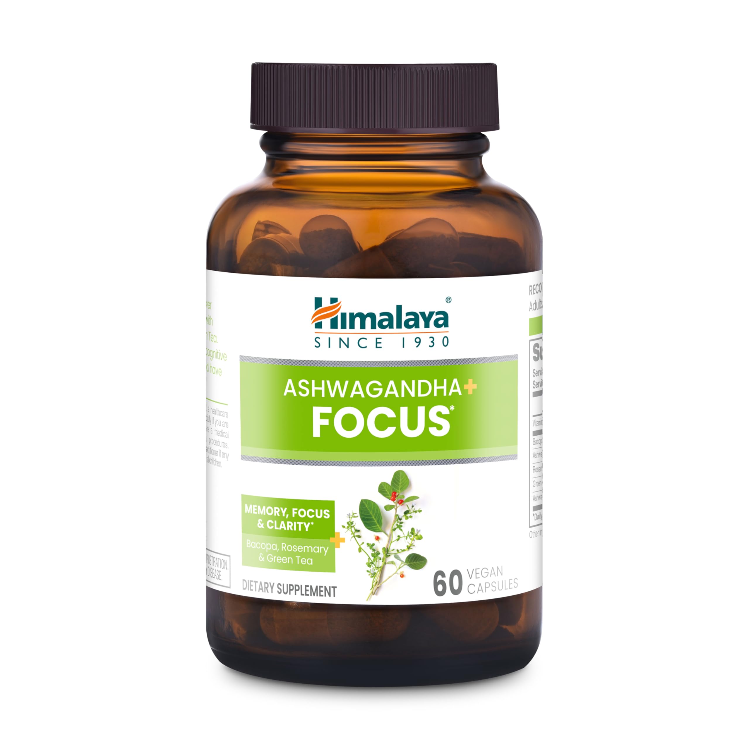 Himalaya Ashwagandha+ Focus - Herbal Focus Supplement with B12, Rosemary, Green Tea, and Bacopa Nootropics for Memory and Clarity - Vegan, Non-GMO, Gluten Free, 1690 mg, 60 Caplets