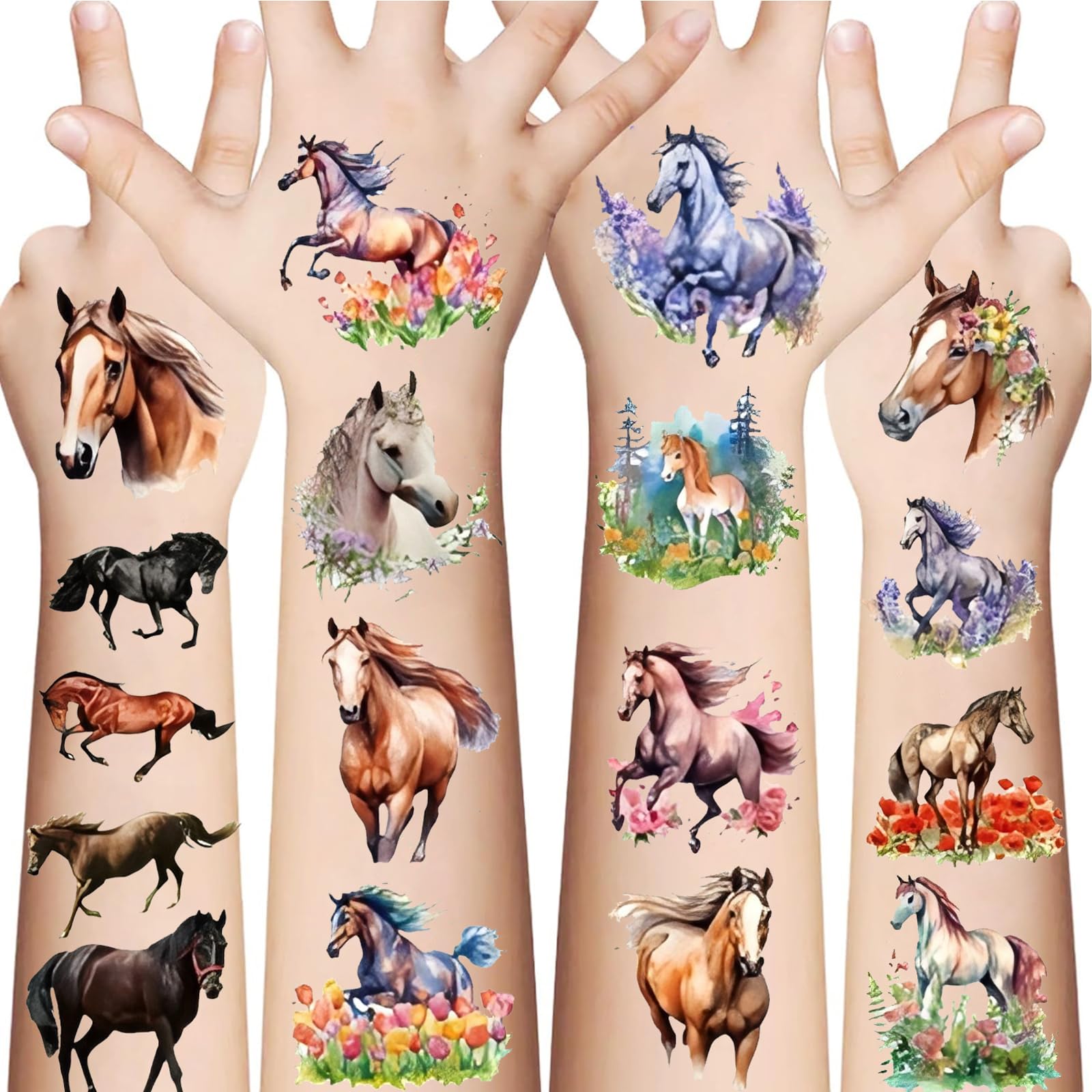 10 Sheets Horse Temporary Tattoos, Horse Party Favors Supplies Birthday Decorations Tattoo Stickers for Kids Boys Girls Gifts Goodie Bags Fillers Prizes Rewards