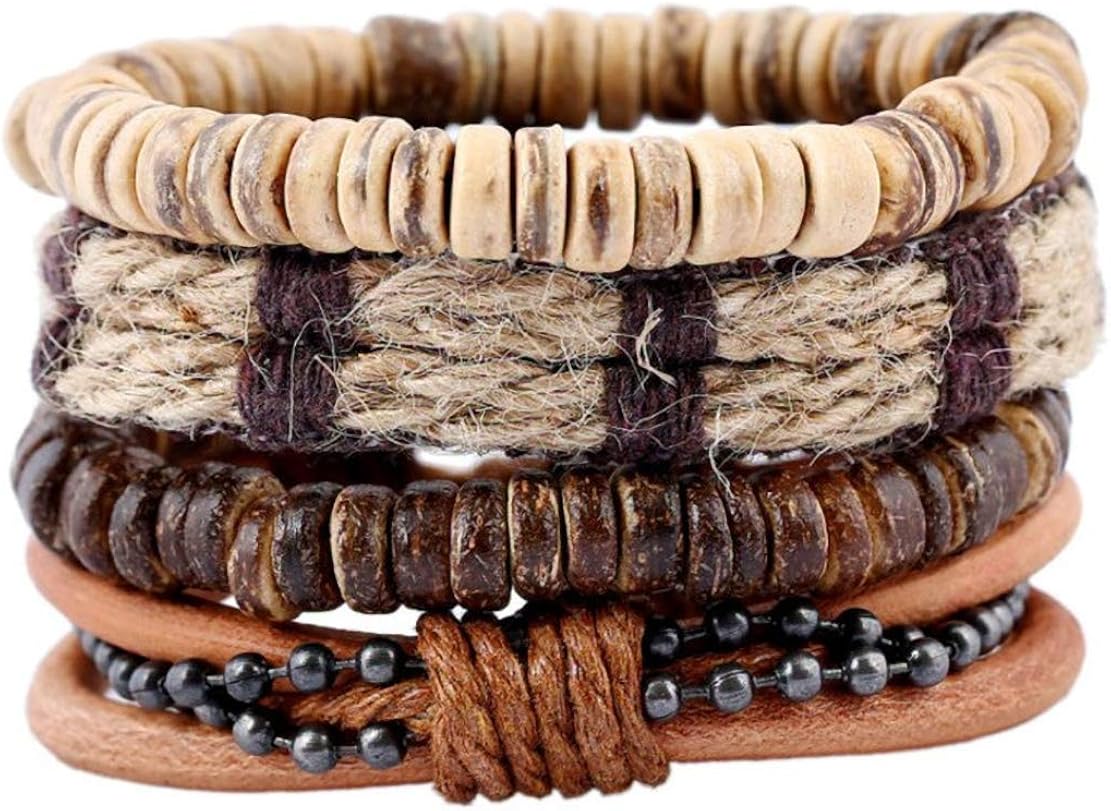 WAINIS 1-6 Pack Woven Braided Leather Bracelet for Men Women Hemp Cords Wood Beads Ethnic Tribal Cuff Wrist Bracelets Wrap Adjustable