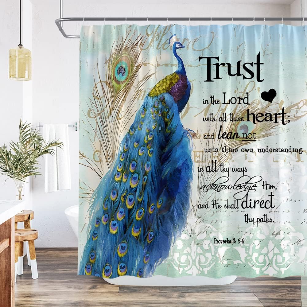 Peacock Shower Curtain Inspirational Quote Trust in The Lord with All Thine Heart Motivational Word Proverb Asian Beautiful Bird Vintage Bathroom Set Fabric with Hooks 90Wx70H Inch