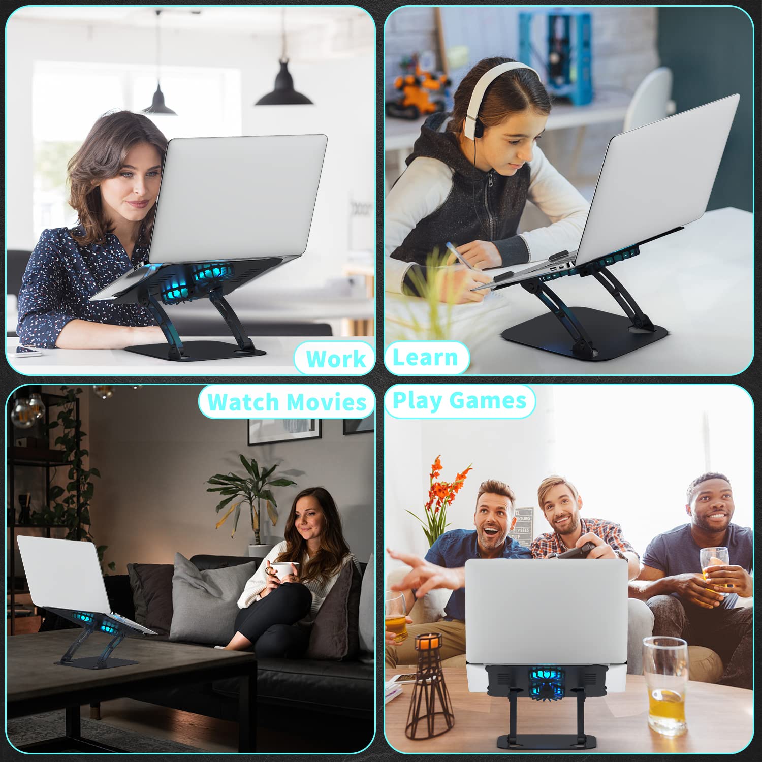 Soporte para portátil regulable en altura con ventilador RGB, aleación de aluminio plegable, ventilado, ergonómico y compatible con todos