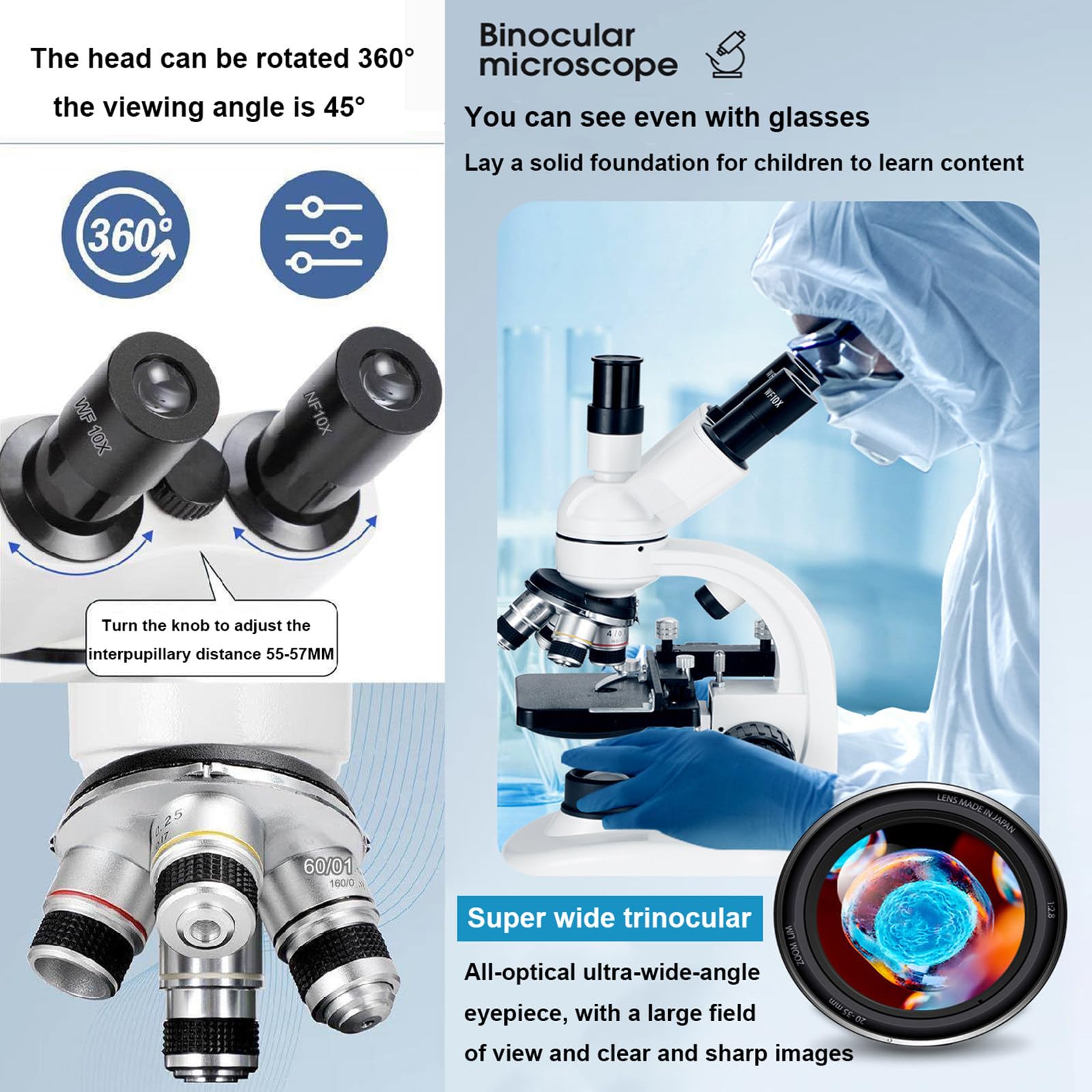 Microscopio óPtico Profesional 2000X / 5000X, Microscopio Trinocular para Estudiantes De Primaria Y Secundaria, Lentes Objetivos 4X, 10X, 40X, 6X/100X, con Soporte para TeléFono MóVil,2000X