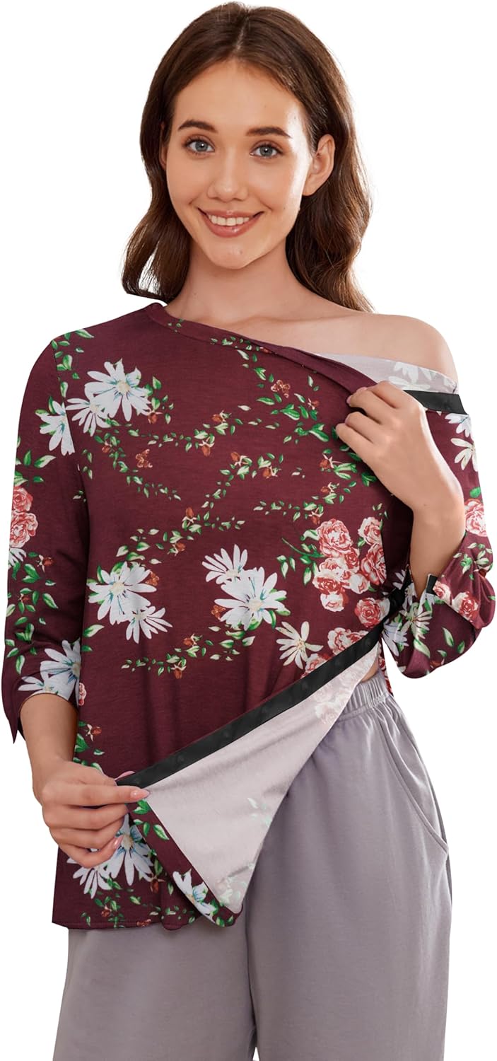 Deyeek Post Shoulder Surgery Shirts for Women Tear Away 3/4 Tops After Rotator Cuff Shirts Chemo Port Adaptive Clothing
