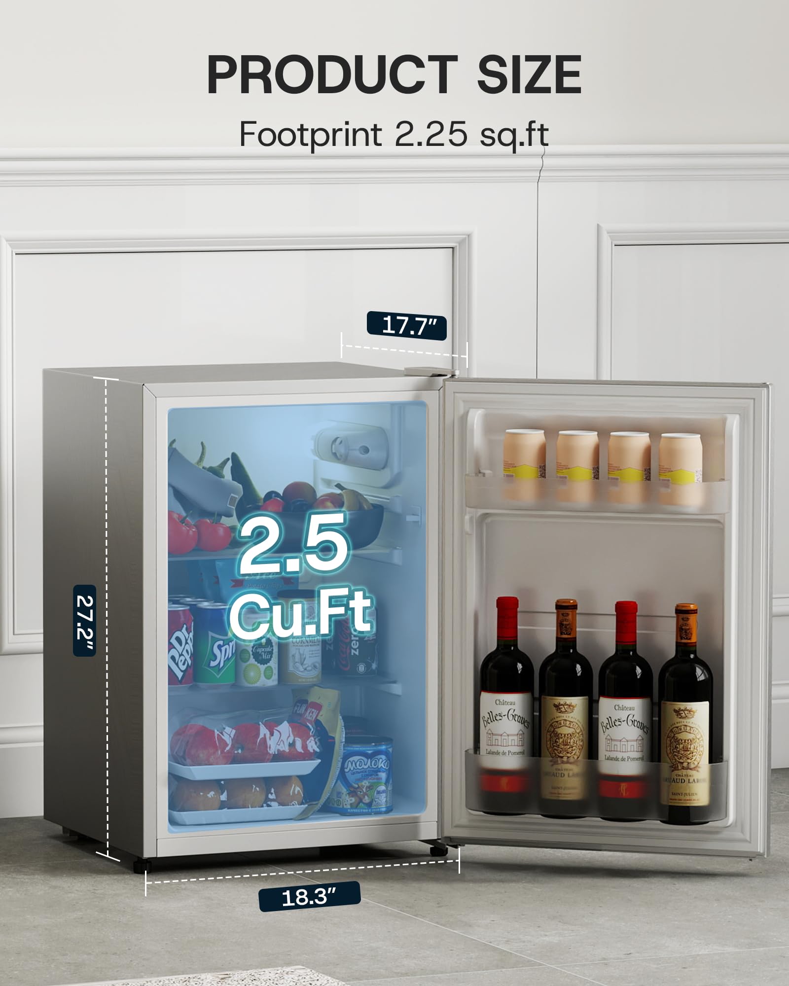 Upstreman 2.5 Cu.Ft All-Refrigerator Mini Fridge, Single Door Small Refrigerator, Dorm Fridge with 7 Adjustable Thermostat, Compact Refrigerator for Office, Bedroom or Dorm, Silver-CR26 - 3