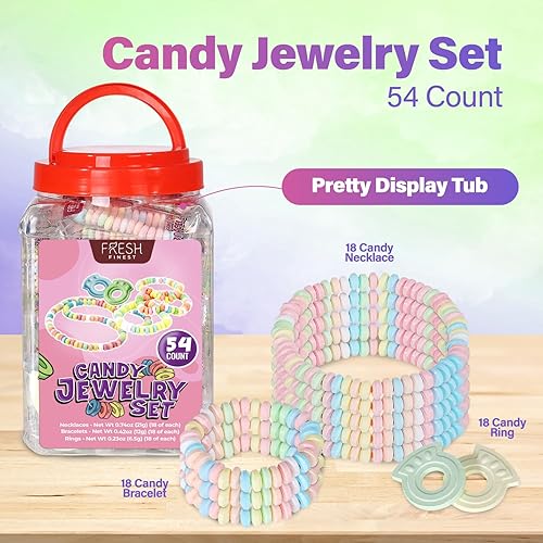 Miniatura 3 de Fresh Finest Novedosa mezcla de caramelos 54 unidades de caramelos a granel en un frasco. Incluye 18 pulseras de dulces, 18 collares de dulces y 18