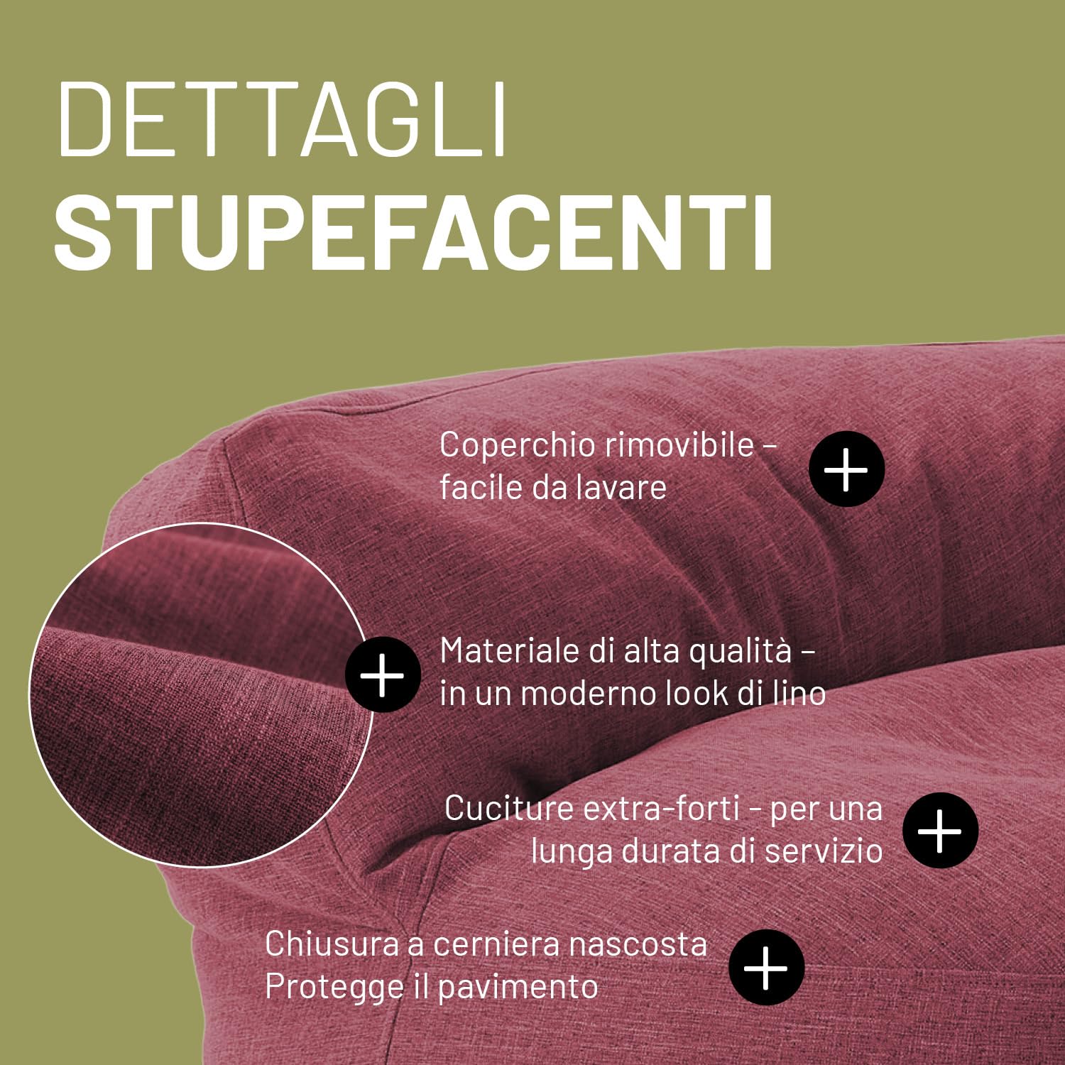 Lumaland Interior Line - Pouf, divano rotondo per interni, imbottitura da 320 l, 90 x 50 cm, effetto lino anche al tatto, colore: rosso