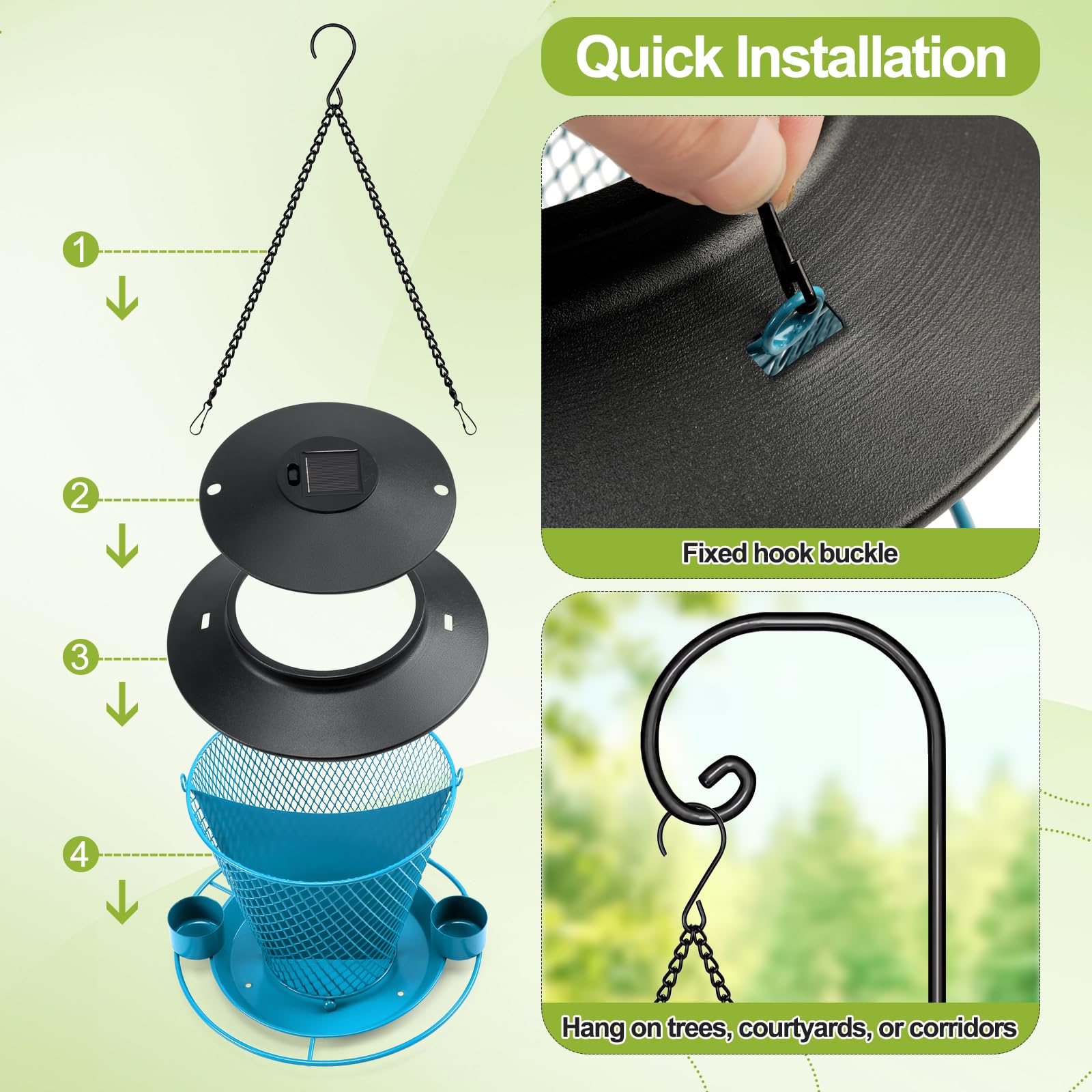 DesGully Solar-Vogelfutterspender Aus Metall – Wetterfest, Mit LED-Beleuchtung, 1,1 Kg Fassungsvermögen, Für Garten & Balkon