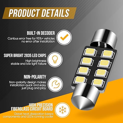 Miniatura 2 de Audak Festoon - Bombilla LED de 1.535 in 2835 8SMD Canbus sin errores, ajuste para luces interiores de cúpula de mapa, luces de cortesía, luces de
