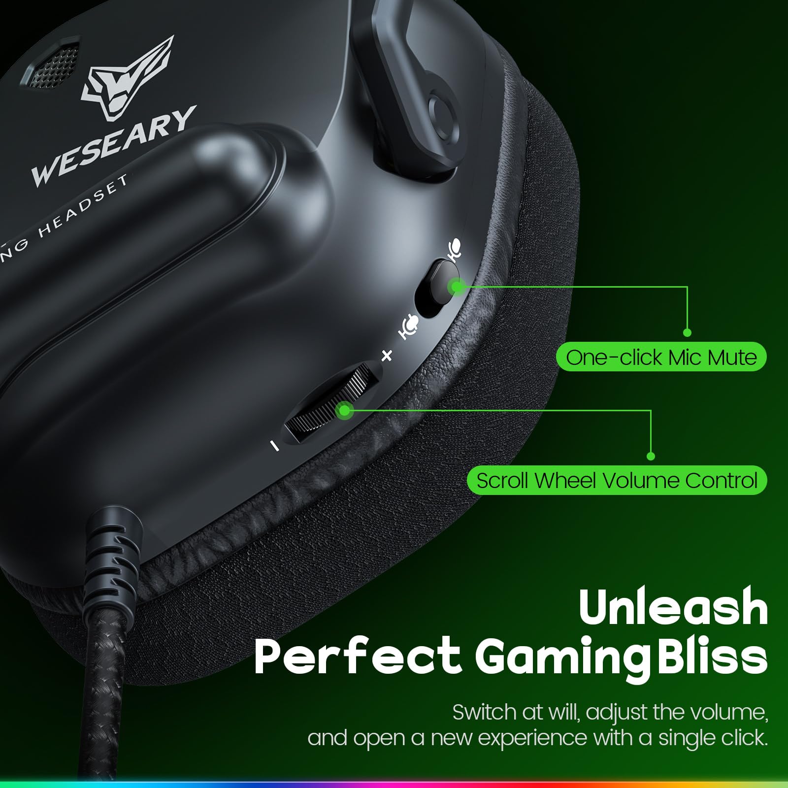 WESEARY Casque Gaming, 7.1 Casque Audio Stéréo avec Micro pour PS5, PS4, PC, Xbox One, Switch, Casque avec Coussinets en Mousse à Mémoire de Forme, Jack 3,5 mm