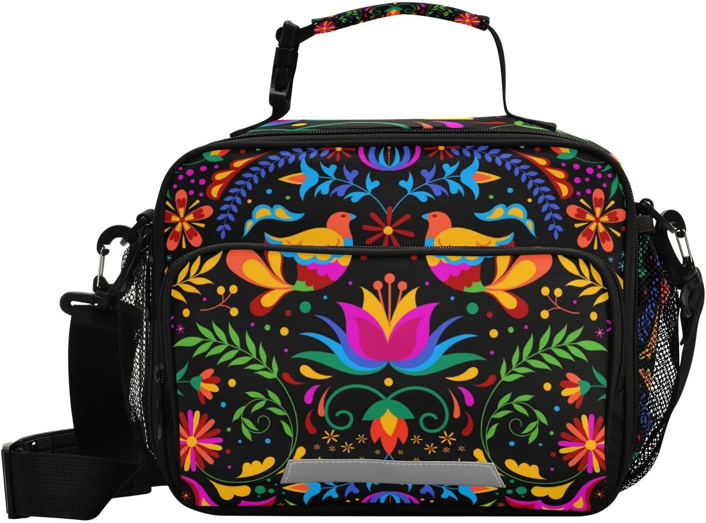 Mexican Flower Embroidery Lunch Bag for Women Men Insulated Cooler Tote Bag with Adjustable Shoulder Strap Large Capacity Reusable Leakproof Picnic Lunch Box Outdoor for Adult Office