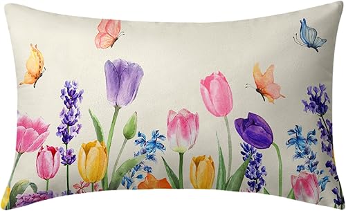 Miniatura 1 de Fundas de almohada de flores de primavera de 12 x 20 pulgadas, diseño de tulipán de mariposa, fundas de cojín decorativas para dormitorio, sala de