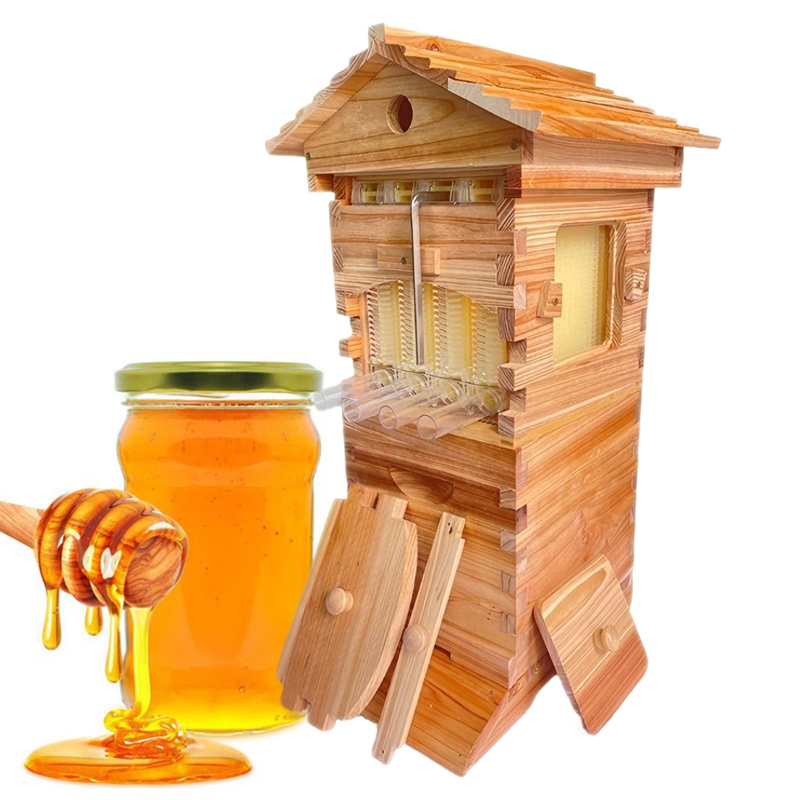 Arnia in Legno a Flusso Automatico con Telaini e Vassoi, Kit di Avviamento Completo per Apicoltura Domestica e Impollinazione del Giardino
