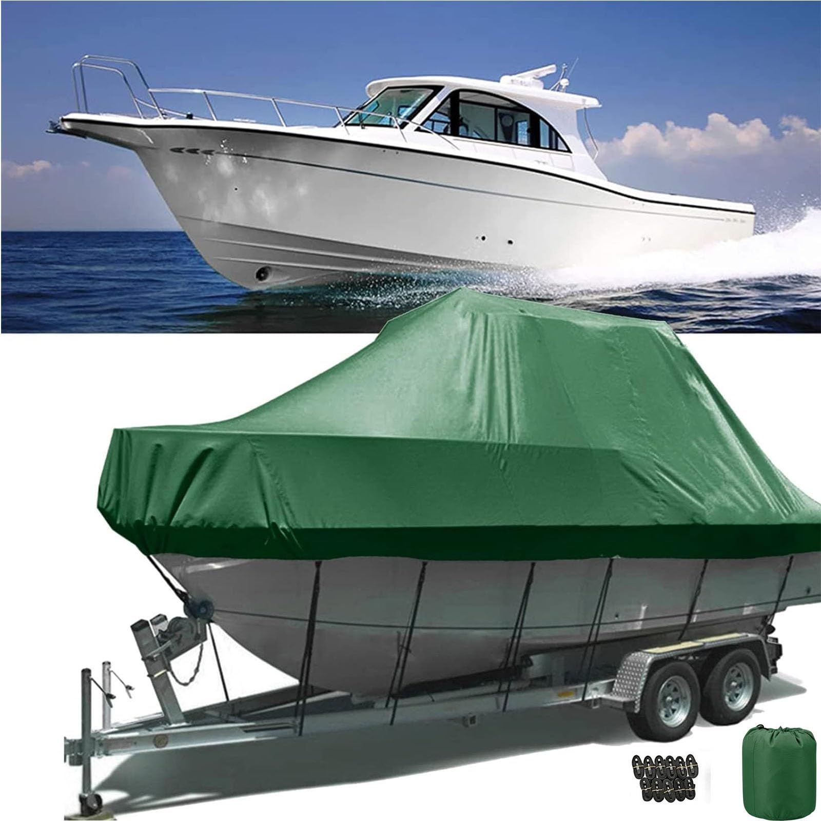 Telo per Barca,Telo Copribarca Impermeabile Telo Copri Barca Tessuto Oxford 420D Heavy Duty Rimorchiabile Copri Barca Copertura Barca Compatibile con V-Hull Tri-Hull(Green,11-13FT)
