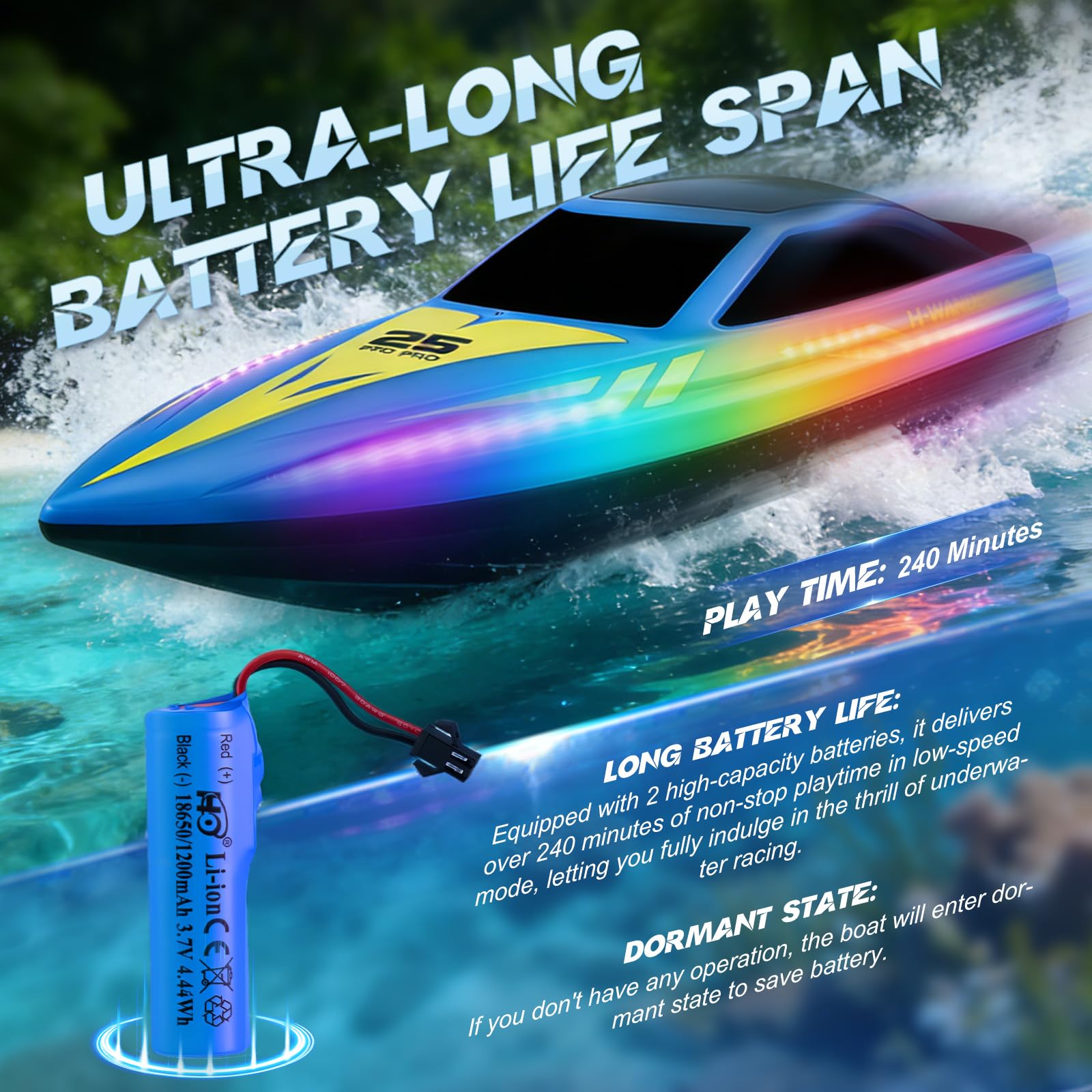 Paquete de 2 botes teledirigidos con luz LED y 2 baterías, 24 km/h, barcos de carreras de 2,4 GHz para piscinas y lagos, juguetes de agua de verano, regalo para niños de 8 a 12 años para piscinas y