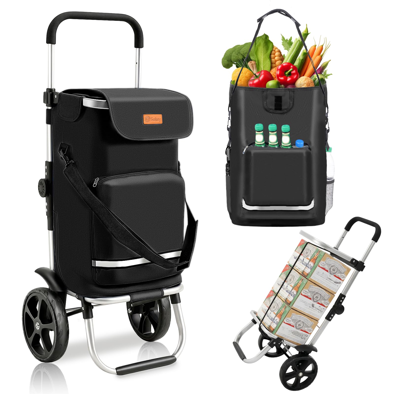 Sekey Einkaufstrolley faltbar 60L, 3-in-1 Einkaufswagen klappbar aus Aluminium, höhenverstellbarer Griff, mit Kühlfach und Getränkefach, extra groß für Einkauf & Camping, Schwarz