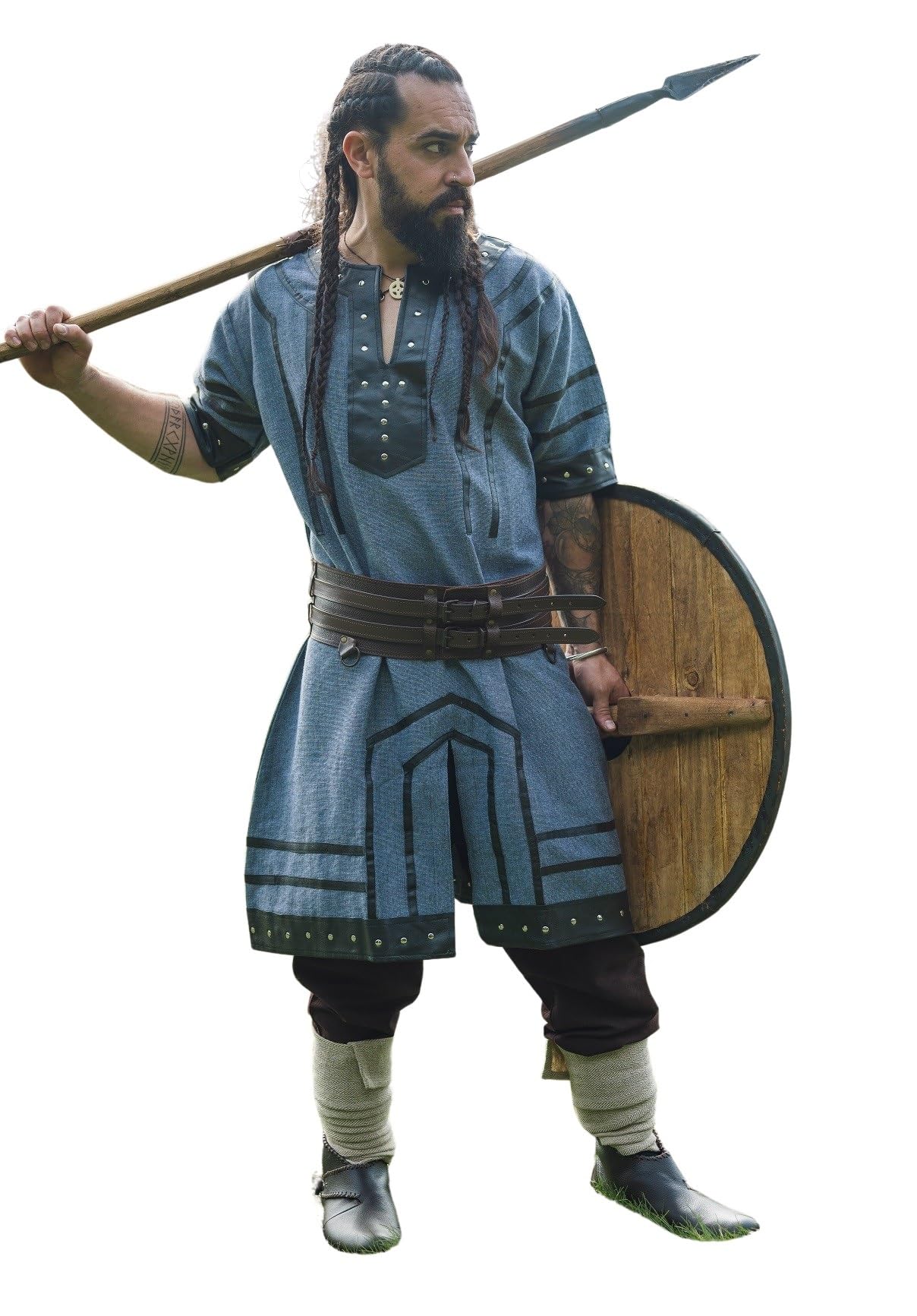 Leonardo Carbone® Tuniek met boord halvor - middeleeuwse kleding voor heren, middeleeuws overhemd, vrijetijdshemden lange mouwen, carnavalskostuum, Viking-tuniek, LARP-kleding - 100% katoen, blauw, XL