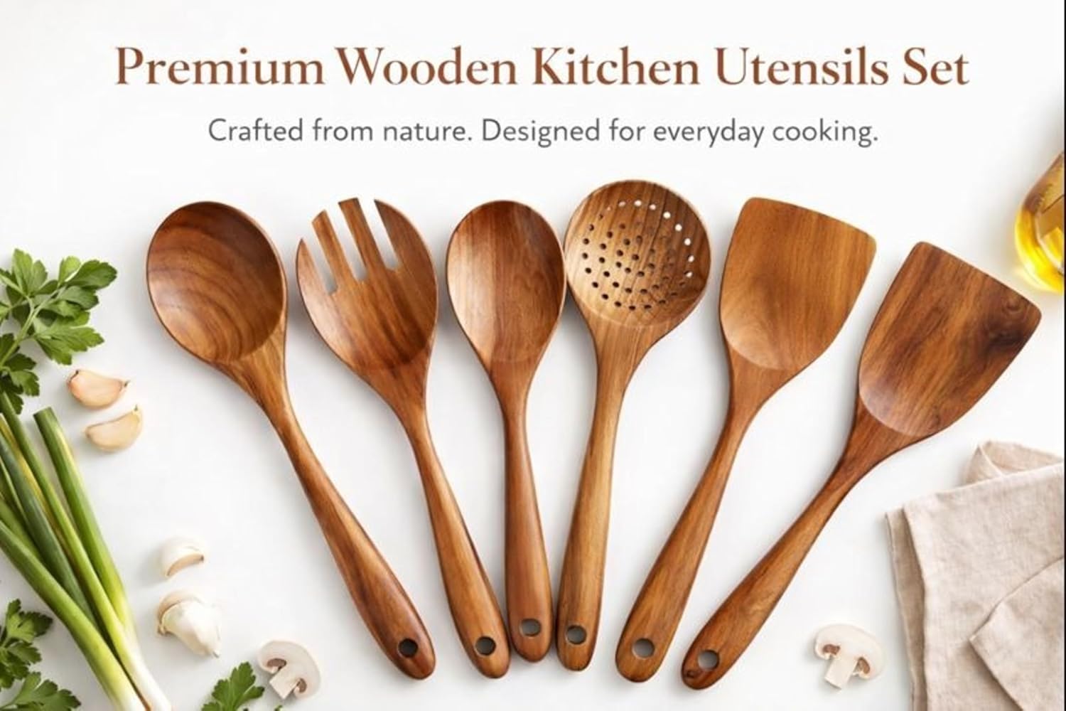 6-Piece Teak Wooden Kitchen Utensil Set – Heat Resistant, Durable, heat resistant Cooking Tools for Nonstick Cookware - Natural Rust-Free Wooden Spatulas & Spoons - Dishwasher Safe by Lonachamari - Image 2