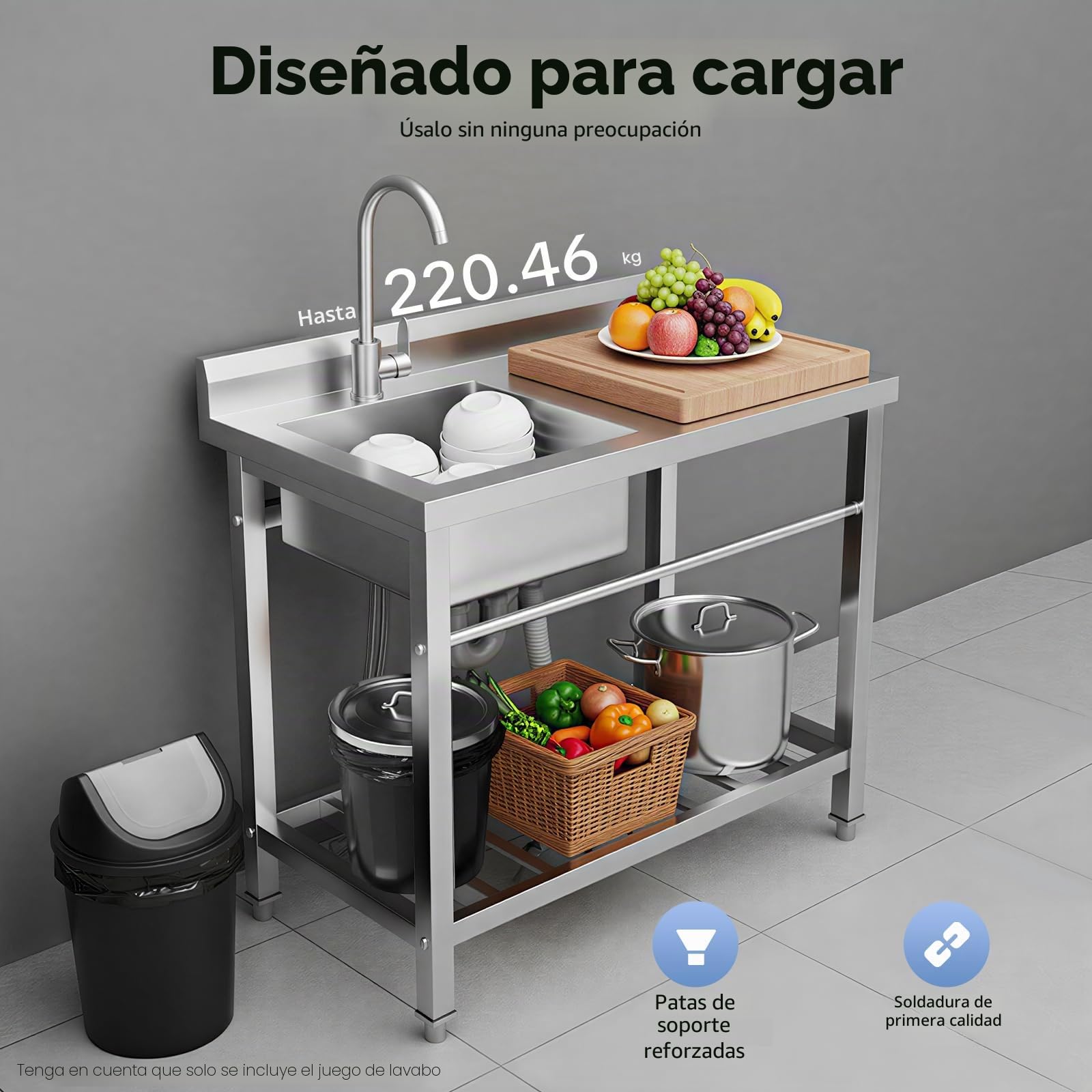 Fregadero de cocina independiente, 80 x 55 x 84 cm, con grifo, dispositivo de drenaje, de acero inoxidable, patas regulables, longitud: fregadero, para restaurante, comercial, exterior, interior