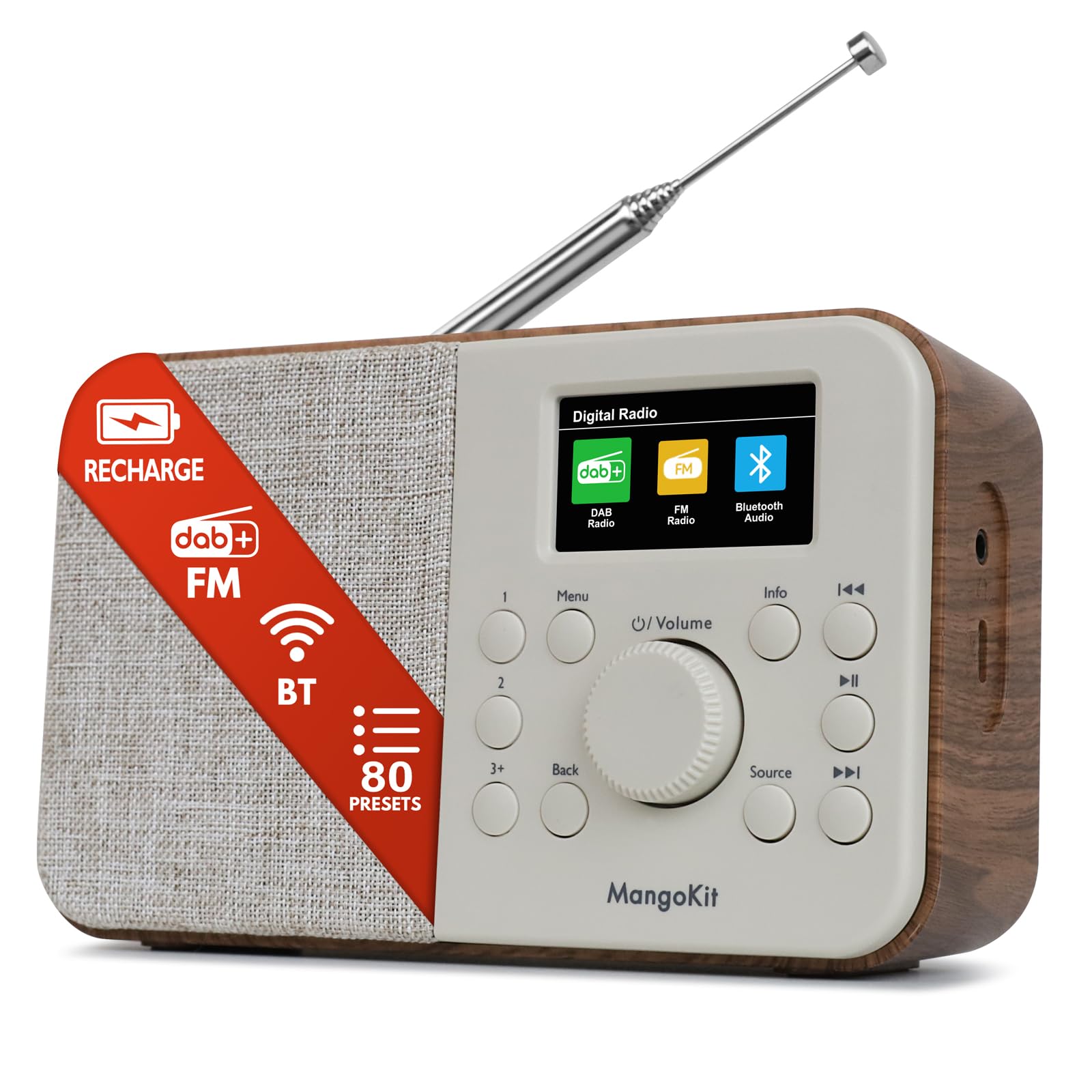 PR2S Pro Radio Rechargeable Dab+, Bluetooth, Écran Couleur, Noyer