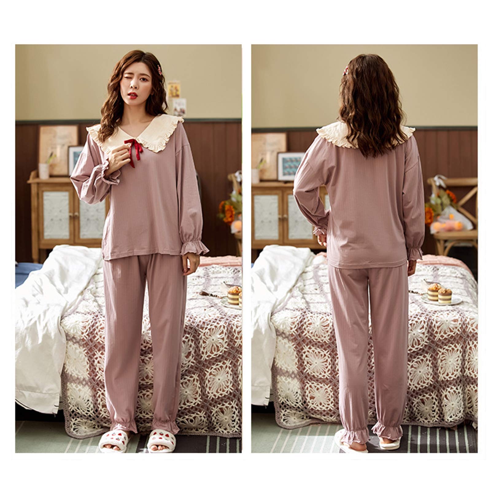 Pyjama femme printemps automne chemise nuit manches longues col carré coton 2XL